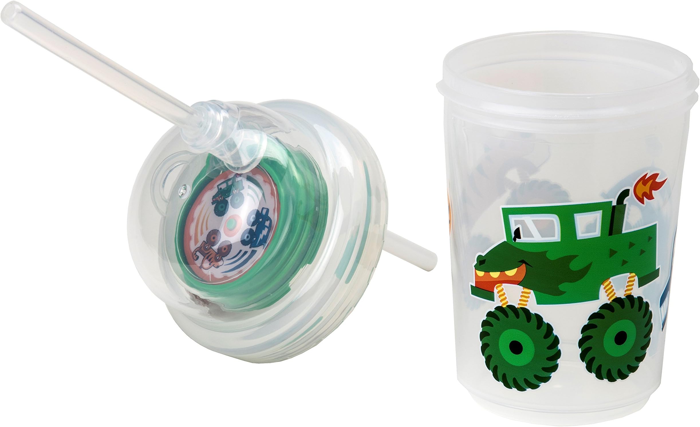 nuspin kids 8 oz Sip & Spin Straw Cup + Bonus Zoomi Straw, Monster Trucks Race When You Drink