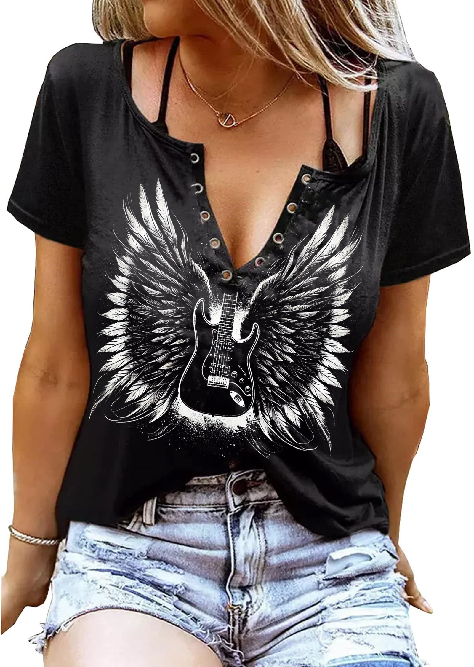 Raypag Women Vintage Rock T Shirts Casual Loose Fit Short Sleeve Country Rock Band T-Shirts Tshirt Vintage Letter Print