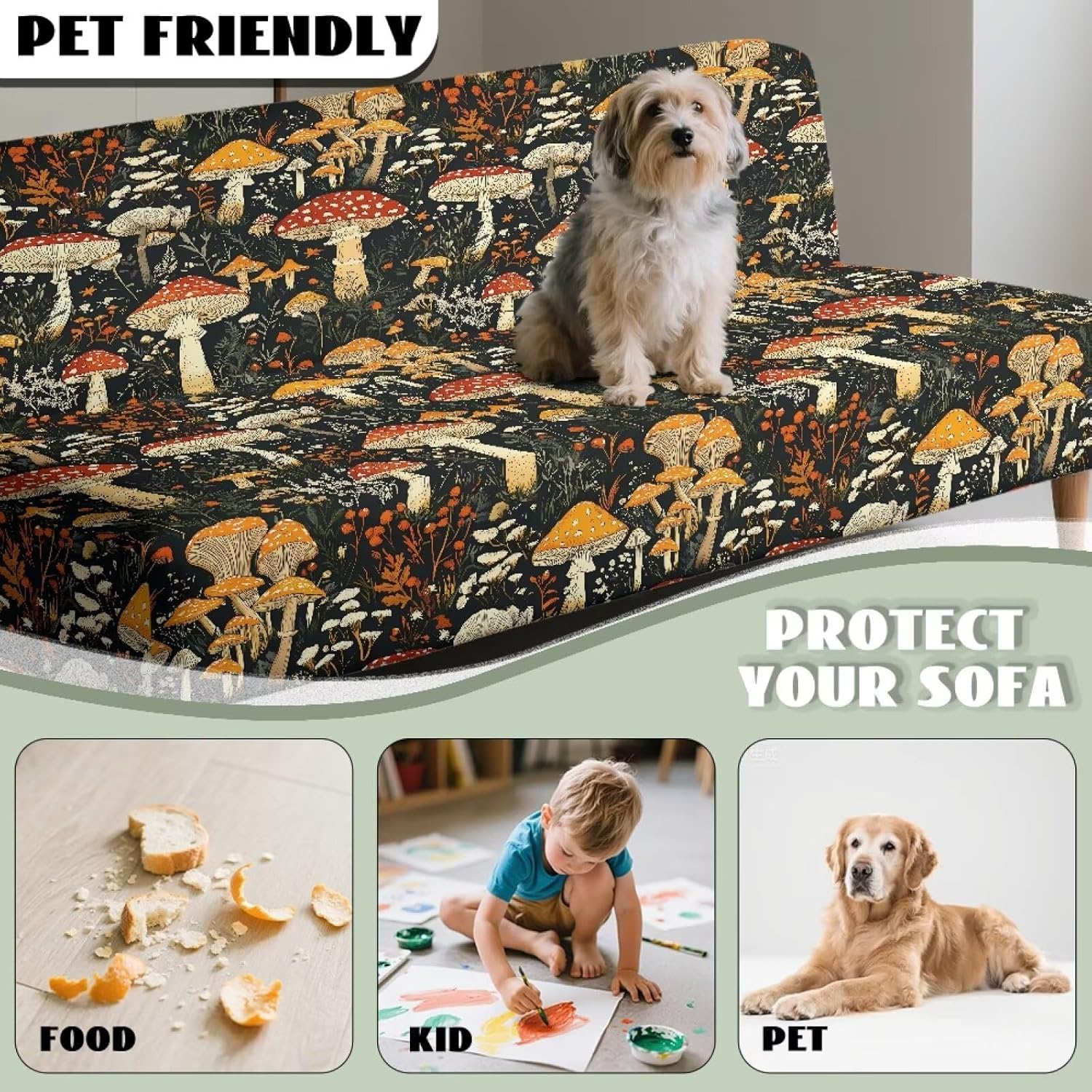 Mushroom Stretch Armless Sofa Bed Cover, Easy to Install Couch Slipcover Without Armrests, Washable Folding Futon Cover, Non-Slip Futon Sofa Bed Slipcover with Elastic Bottom