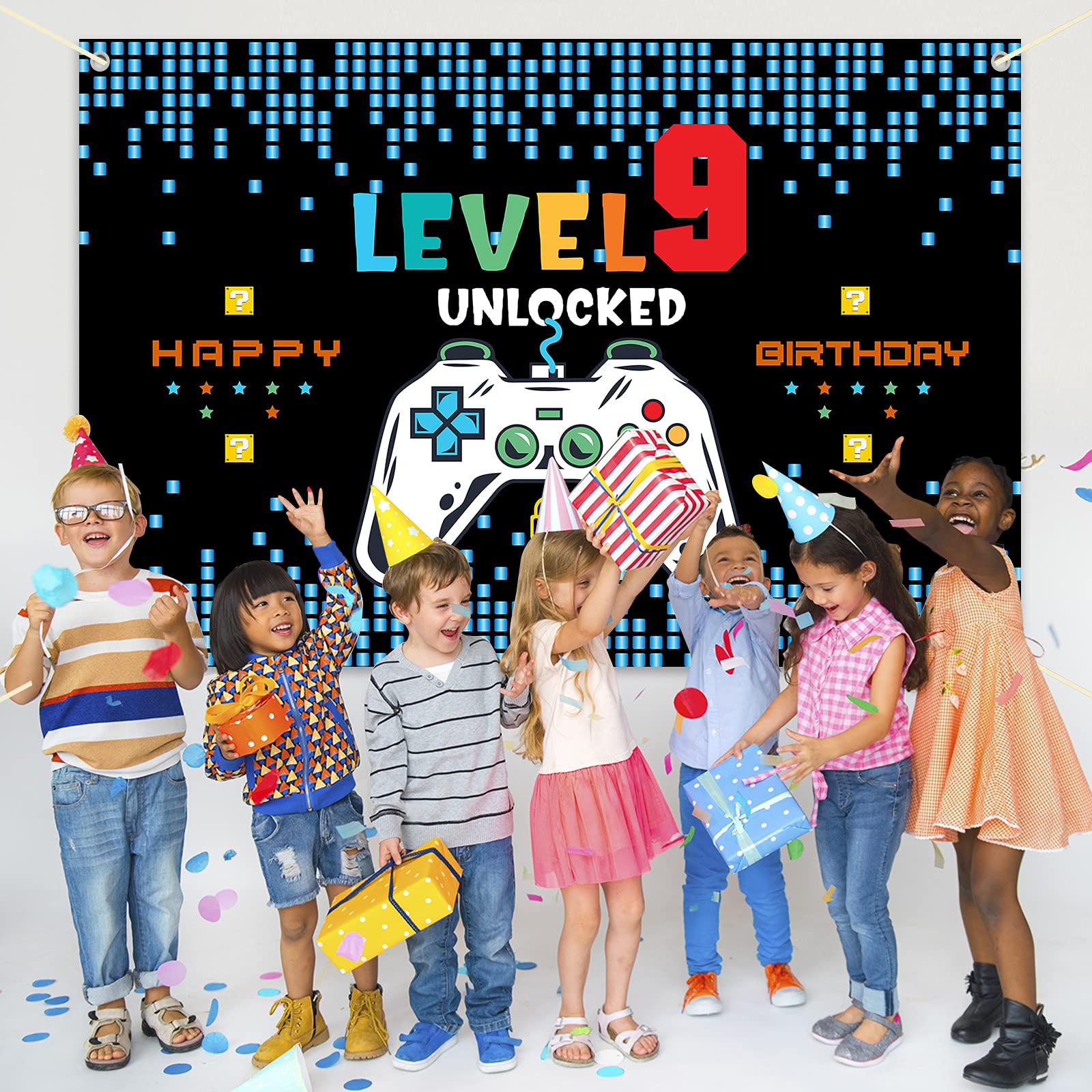 HAMIGAR Baner z napisem "Happy 9th Birthday" 1,8 x 1,2 m – poziom 9 odblokowane dekoracje urodzinowe artykuły imprezowe dla chłopców – niebieskie