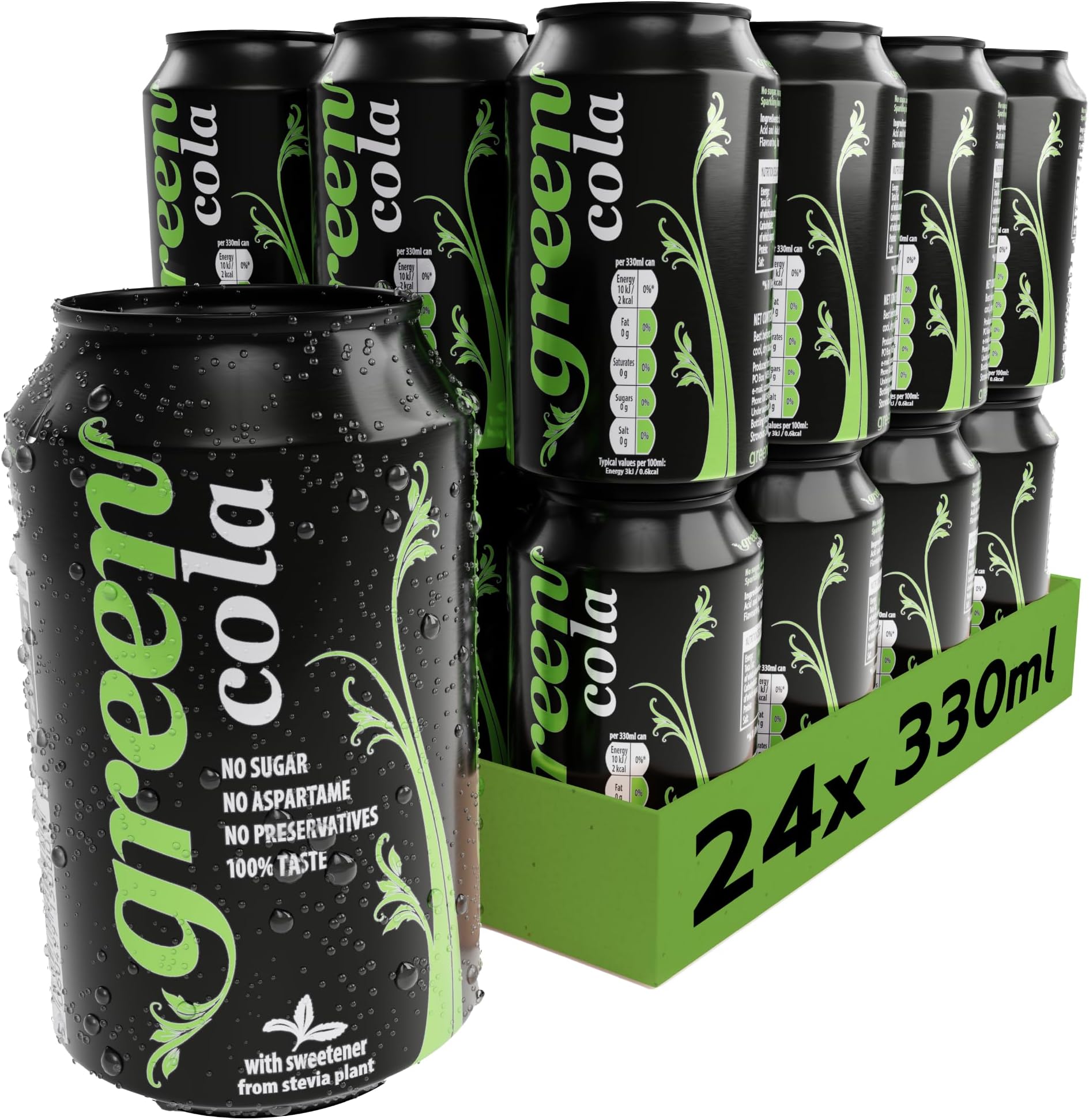 Green Cola Zero Calorie Soft Drink – Sugar-Free Fizzy Drinks with Stevia & Natural Caffeine – No Aspartame, Low Calorie Cans of Pop 24 Pack (330ml x 24)