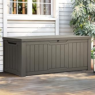 Outdoor Storage Box, 120 Gallon Waterproof Deck Box for Garden Tools, Patio Cushions, and Pool Accessories, Lockable, Easy Assembly, Versatile Bench or Table (Light Brown)