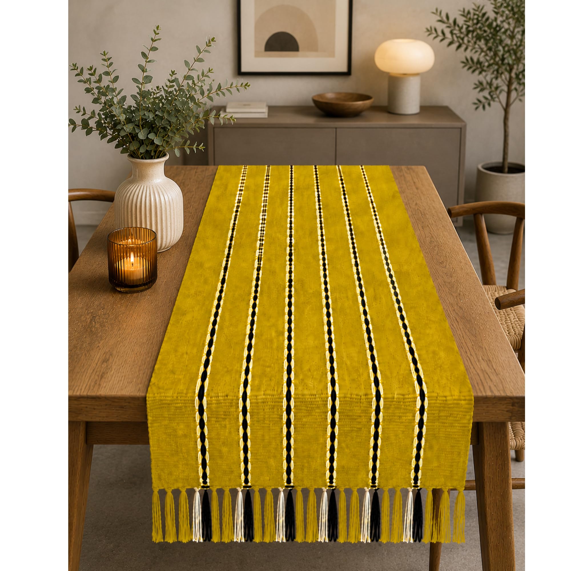 Elegant Cotton Table Runner - Beige Striped -12