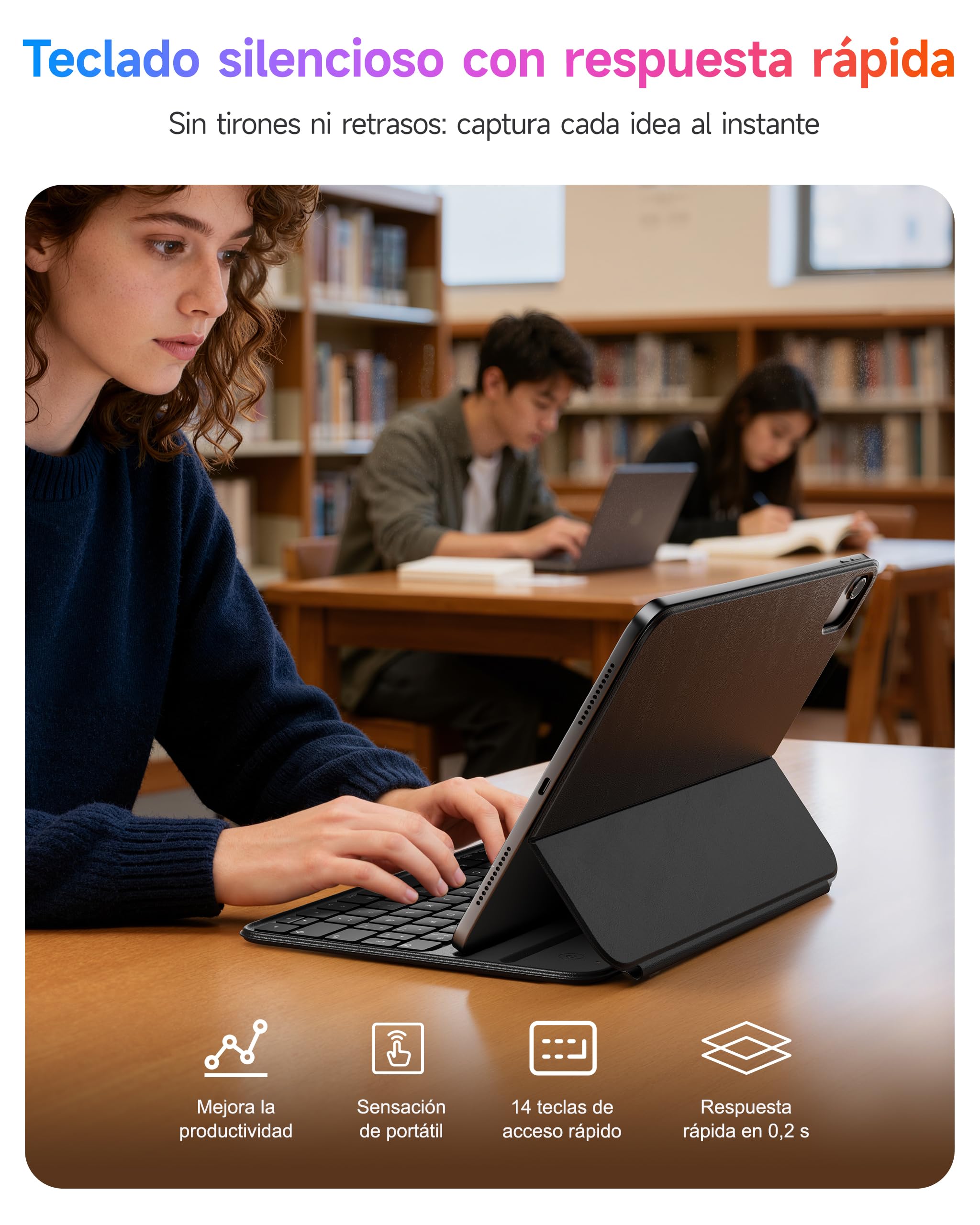 HOU Teclado Delgado para iPad Air 6/5/4/Pro 11, Air 11"(M3/M2, 2025/2024), Funda de Imitación de Cuero con Teclado, Ángulo Ergonómico, Diseño del Idioma Español Ñ, Negro
