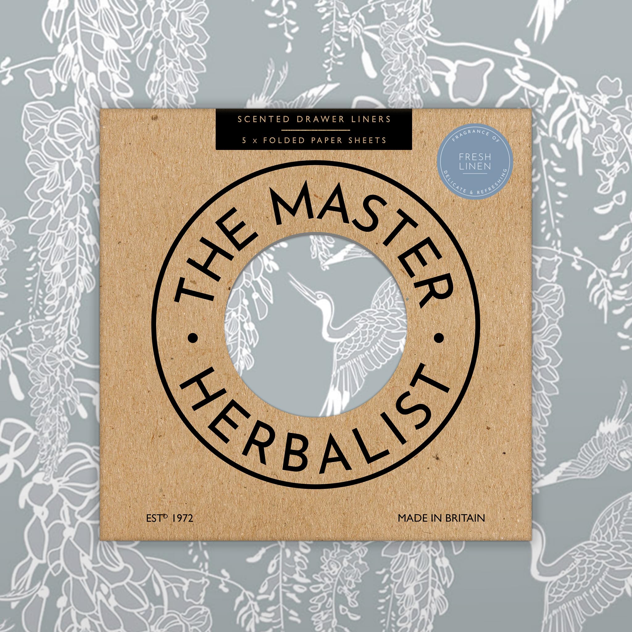 The Master Herbalist Fragrant Fresh Linen Scented Drawer Liners in a Classical Heron Design (Folded) | Pack of 5 Sheets | Contains Essential Oils | Made in The UK. (Fresh Linen, Folded)