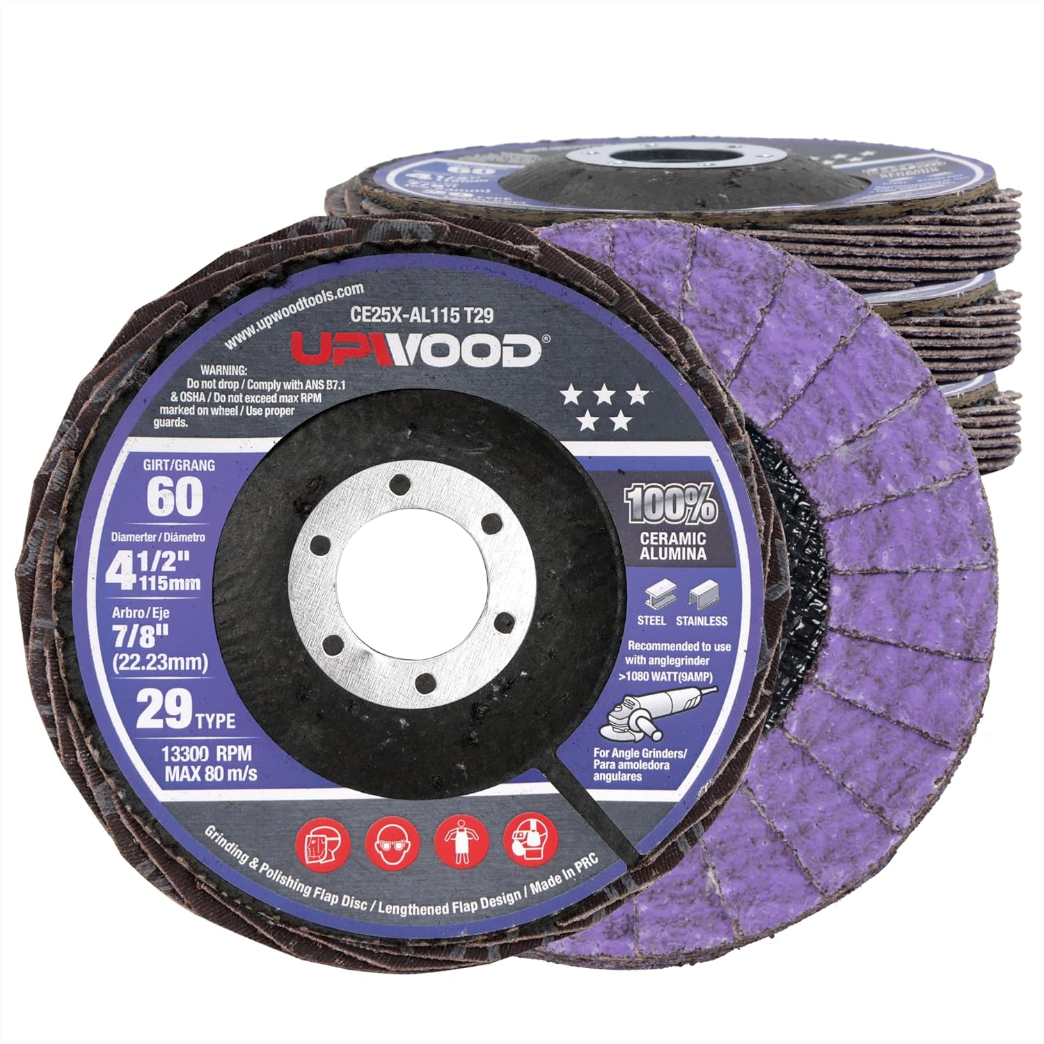 5-Pack 4.5" x 7/8" Ceramic Flap Disc, 60 Grit, Bevel Type #29, Premium Industrial Grade, High-Performance Angle Grinder Grinding Wheel for Edge Grinding - Purple