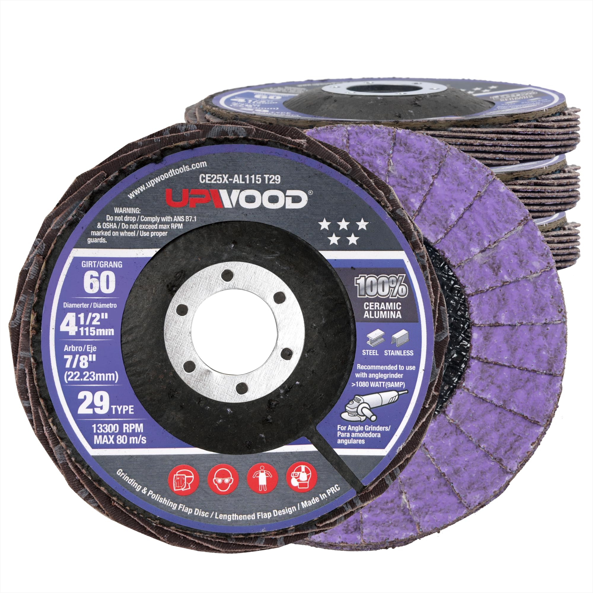 Lot de 5 disques à lamelles en céramique de 11,4 x 2,2 cm, grain 60, type biseauté #29, meuleuse d'angle haute performance pour meuleuse d'angle – Violet