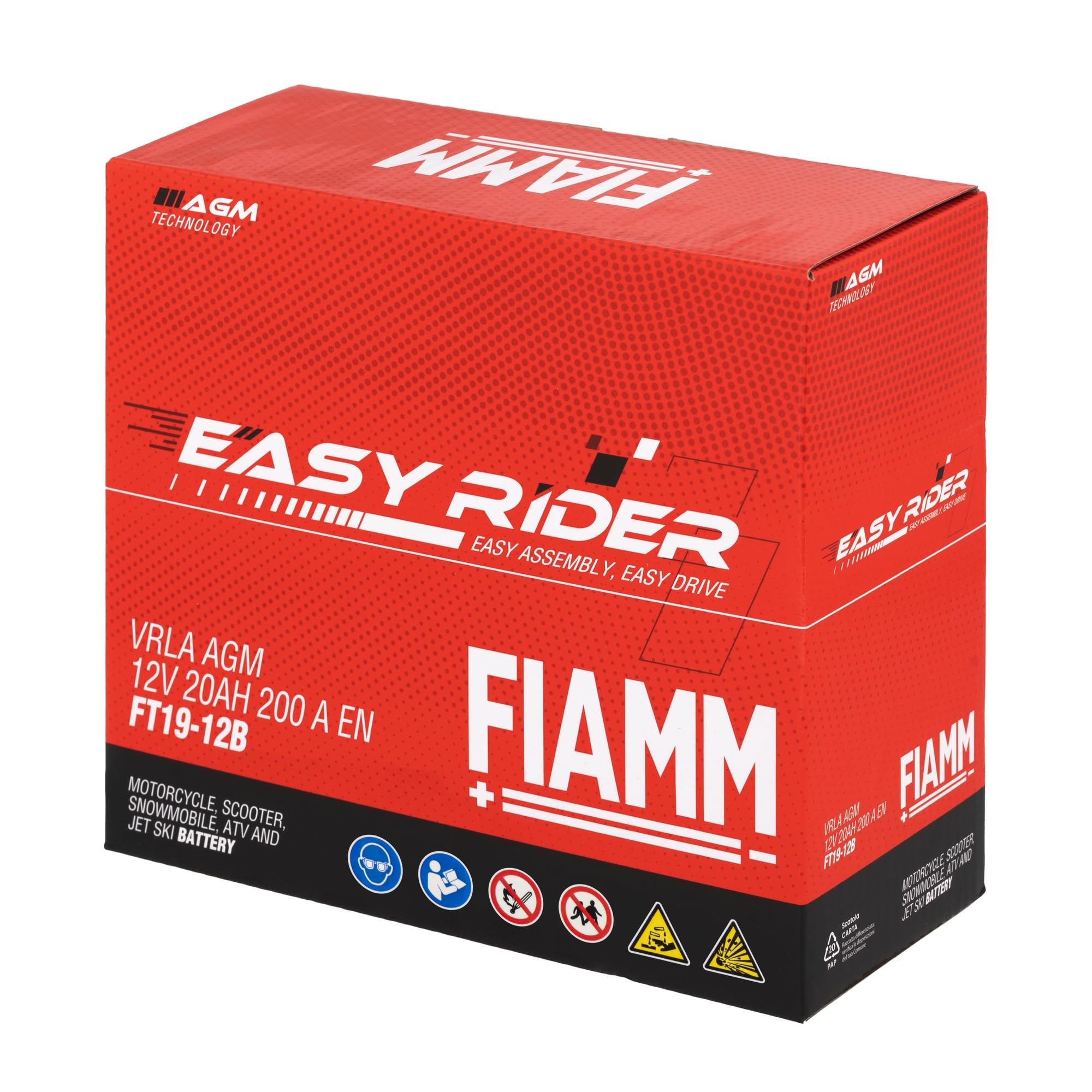 Fiamm Batteria per Moto e Scooter FT19-12B 20AH 200A, Batteria Easy Rider AGM Technology, Massima Potenza di Avvio,Senza Manutenzione, Già Carica, Pronta all'Uso, Adatta a Scooter, Moto, Moto d'acqua | AGM Technology, Massima Potenza di Avvio,Senza Manute