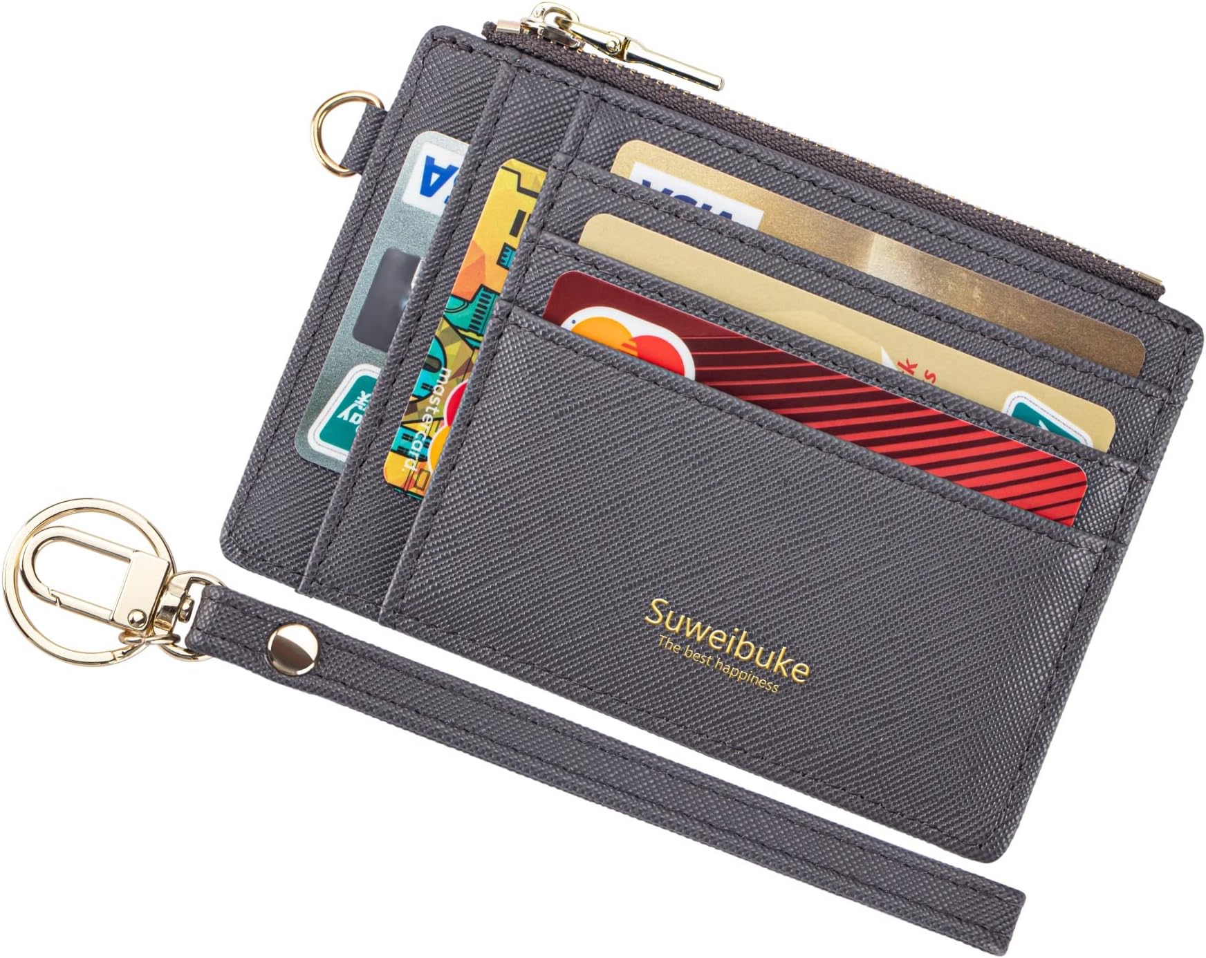 Women Slim Rfid Blocking Credit Card Case Holder Wristlet Zip ID Case Wallet Small Compact Leather Wallet Coin Purse with Keychain (Gray a)
