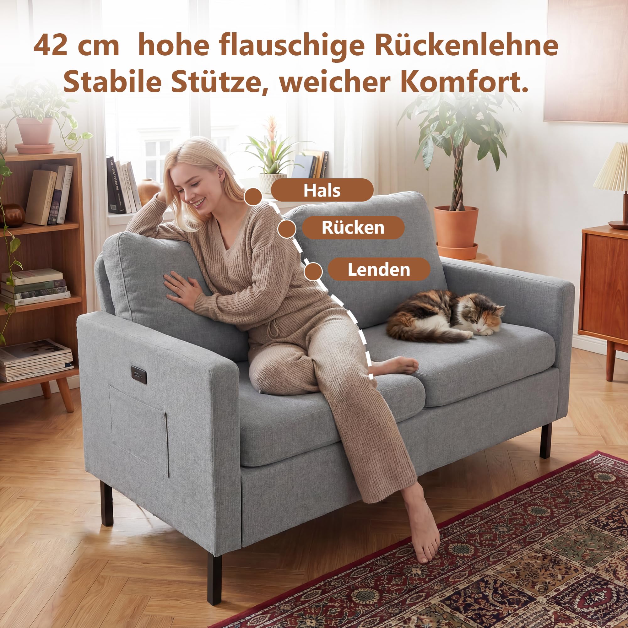 GRAVFORCE Sofa 2 Sitzer mit 2 Ladeports 143 x 63 x 86 cm Klein Sofa kleines Cloud Couch mit Armlehne und Seitentasche Modernes Stoffsofa für Wohnung Wohnzimmer Büro Einfache Montage Hellgrau