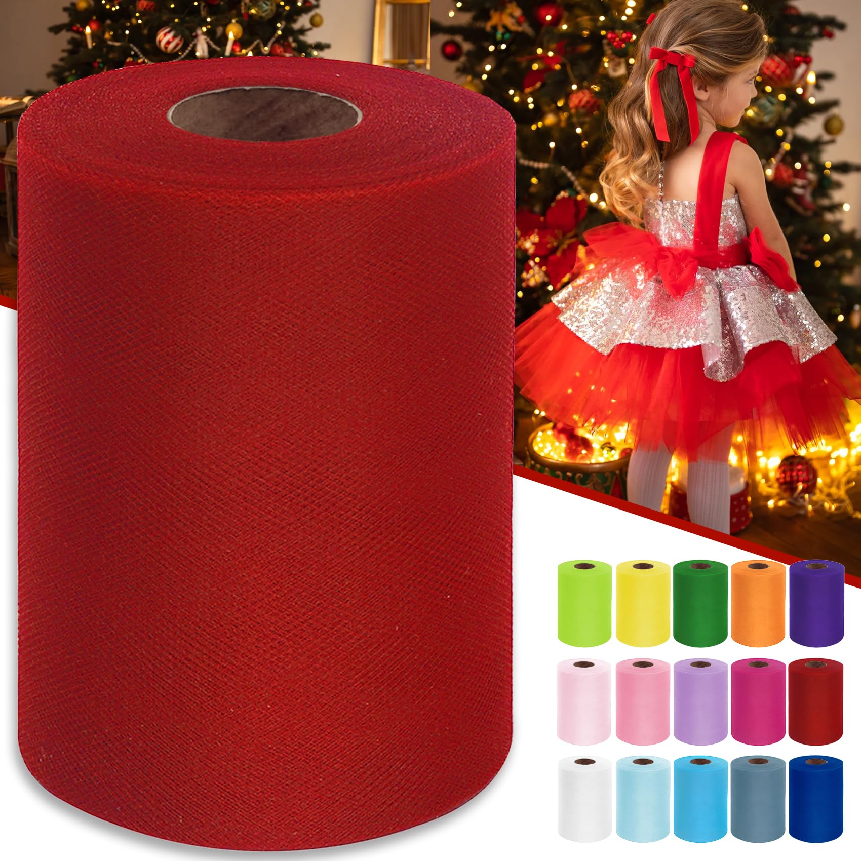 Red Tulle Fabric Roll 6 Inch by 100 Yards (300 feet) Sheer Tulle Ribbon for Christmas Gift Wrapping Tutu Valentine's Day Party Decorations Table Skirt