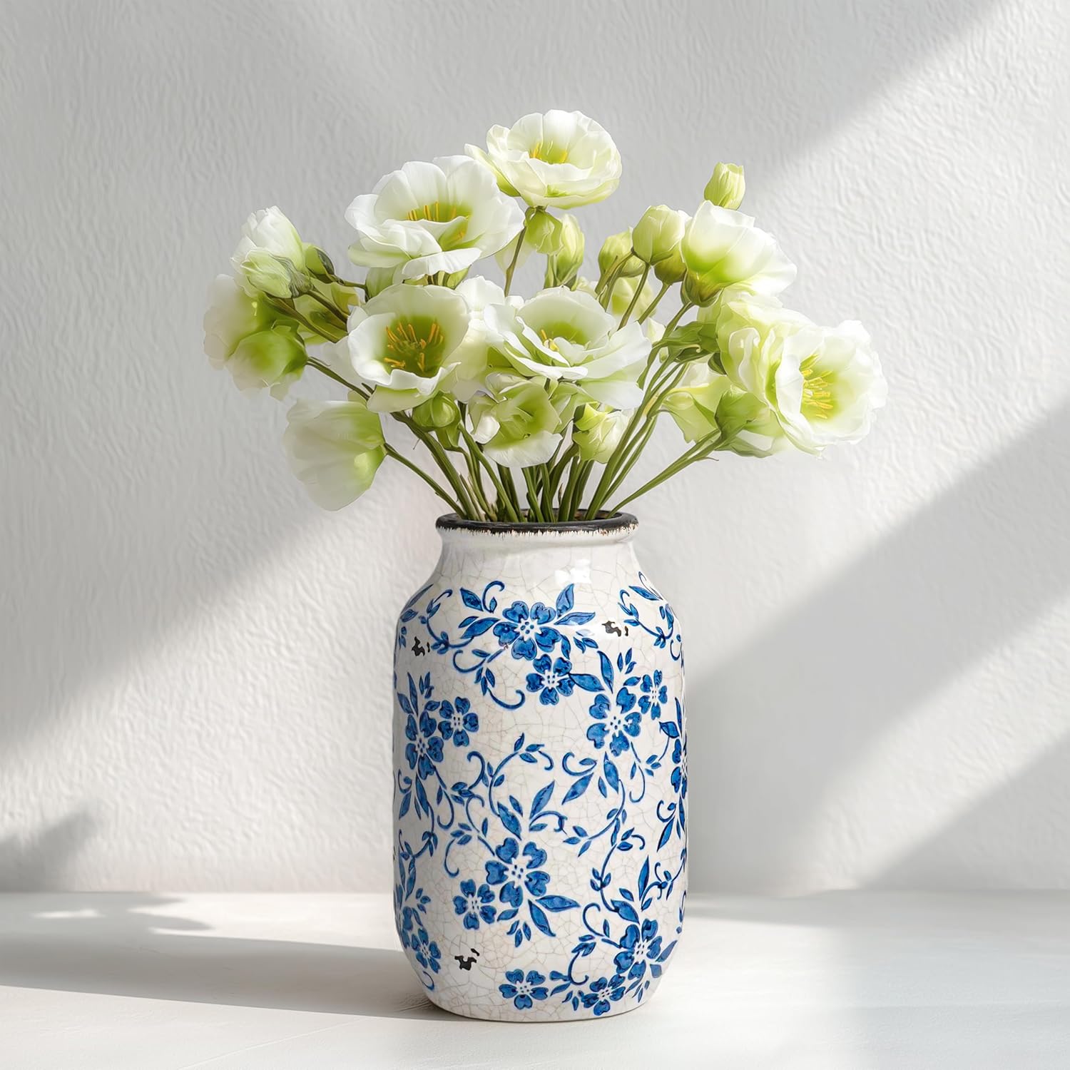 Blue and White Ceramic Vase for Flowers,9 inch Rustic Vintage Chinoiserie Vases Home Decor, Farmhouse Decor, Shelf, Living Room, Bedroom, Table Decoration
