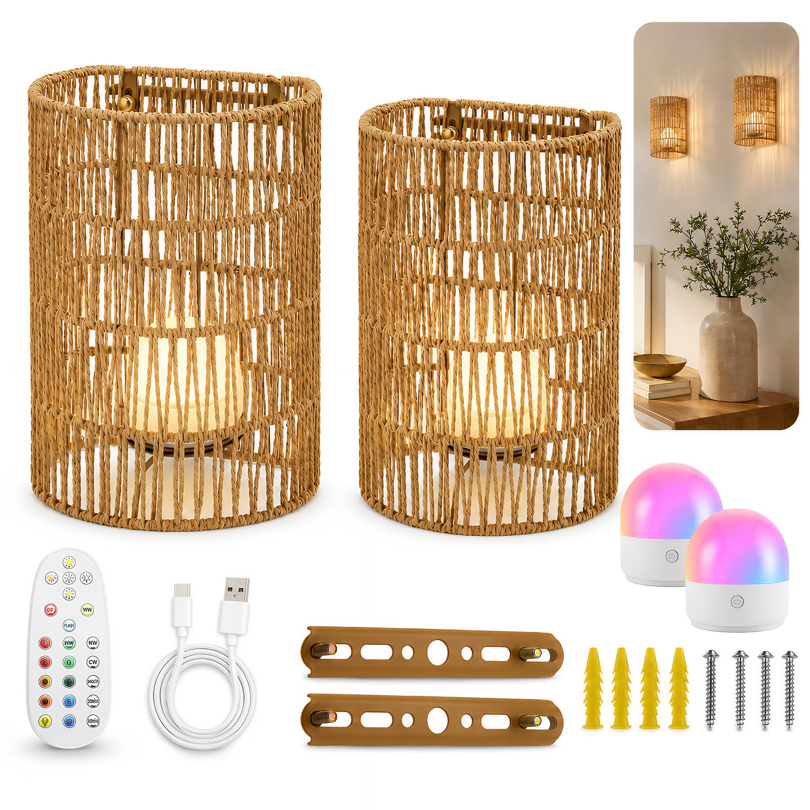 2 Stück Boho Rattan Wandleuchte Innen Akku, Wandlampe mit Fernbedienung RGB Dimmbare Nachttischlampe Vintage Bambuslaterne Lampe ohne Stromanschluss für Schlafzimmer Wohnzimmer Treppen Flur