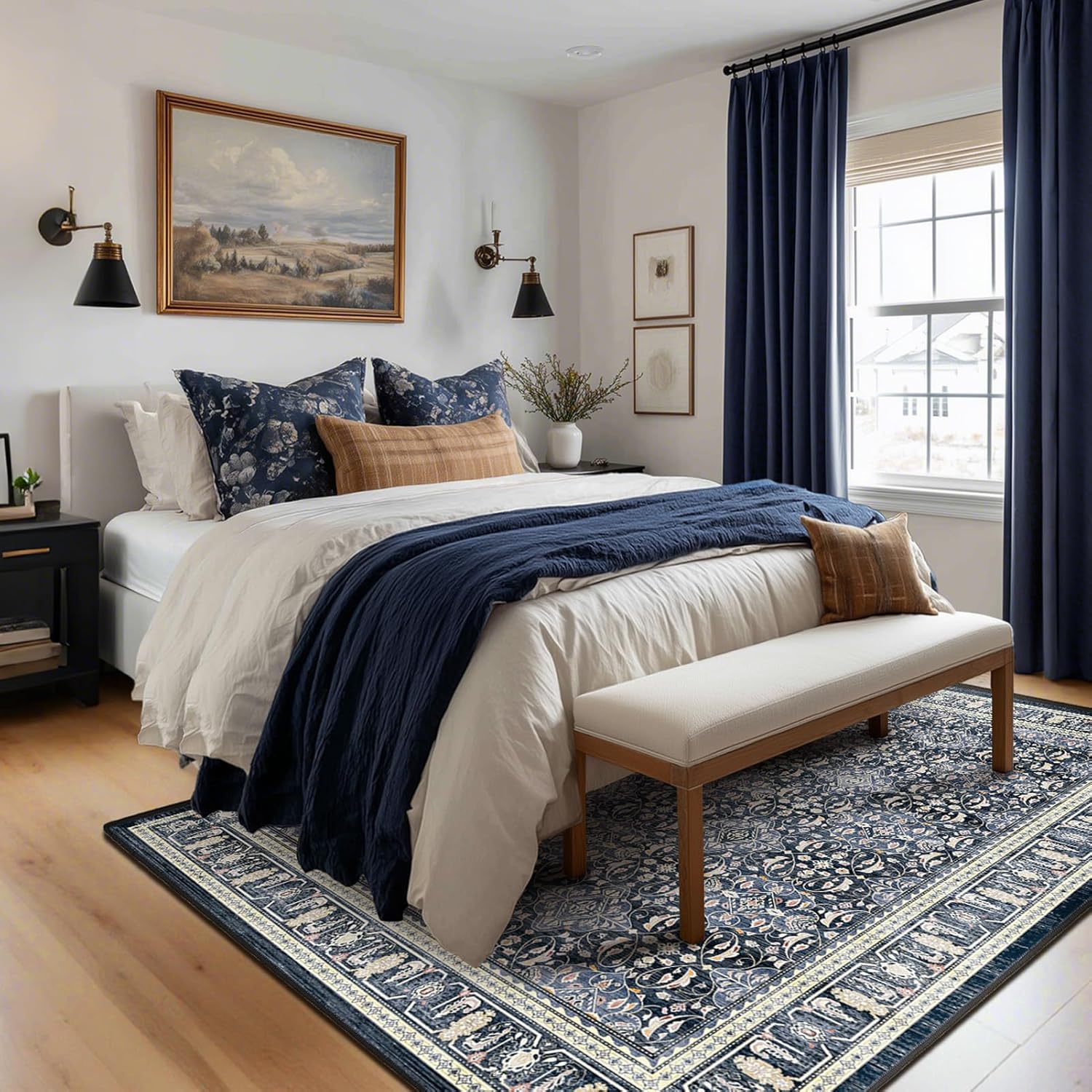 Dark Blue 5x7 Area Rugs for Living Room Bedroom, Transitional Boho Moroccan Floral Trellis Printed, Washable Non Slip Low Pile Ultra Thin Soft Carpet Rugs for Dining Room/Kitchen/Home Office - Image 4