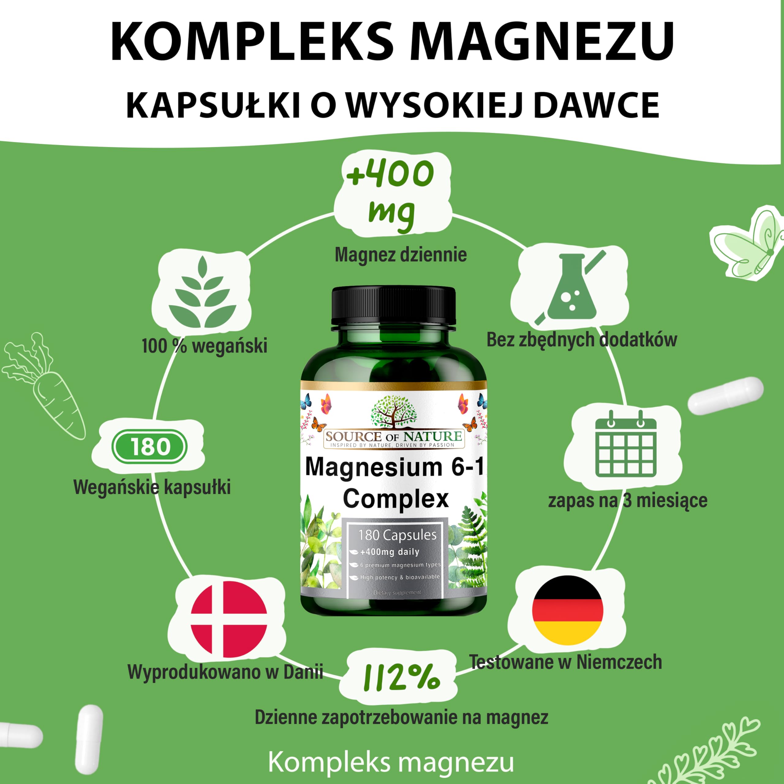 Magnez Kompleks 6-1 1500 mg Dziennie | 400 mg Magnezu Elementarnego | Tlenek, Bisglicynian, Jabłczan, Taurynian, Cytrynian & Asparaginian | 180 Kapsułek Wegańskich | Wysoka Dawka & Biodostępność
