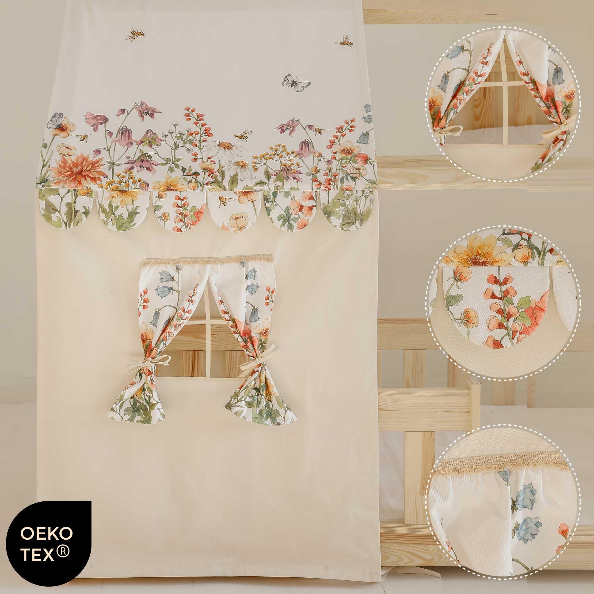 Moi Mili Dosel de cama con aspecto de casa, cortina de flores silvestres, 350 x 100 cm, dosel en forma de casa con ventana para cama infantil, decoración de cama, dosel de la casa, habitación infantil