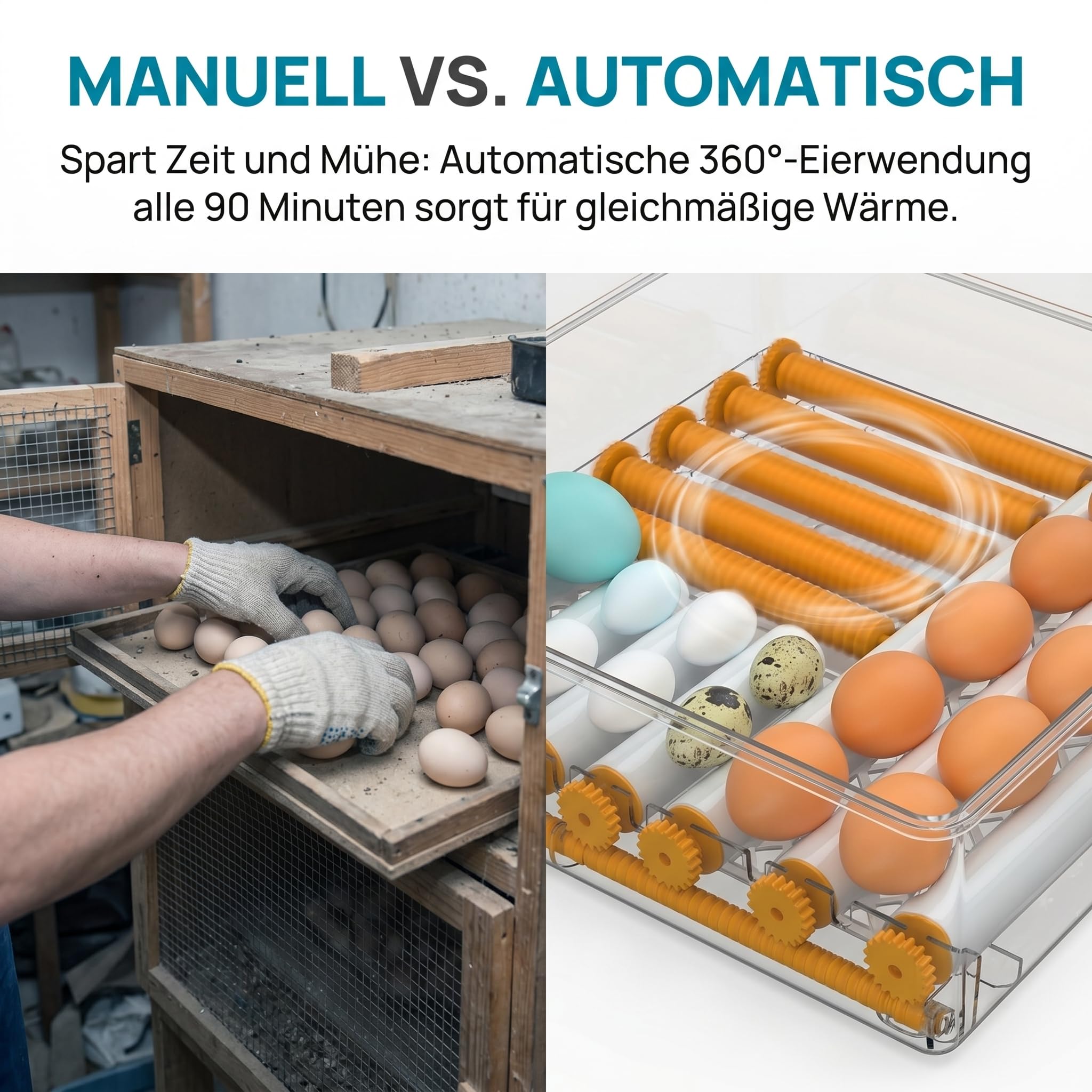 Brutautomat Vollautomatisch,Inkubator Hühner 16-120 Eier mit Automatischem Eierwenden und Automatischer Wasserzugabe,Brutkasten Hühner mit Vier Automatischen Inkubationsmodi für Huhn,Ente,Gans (36)
