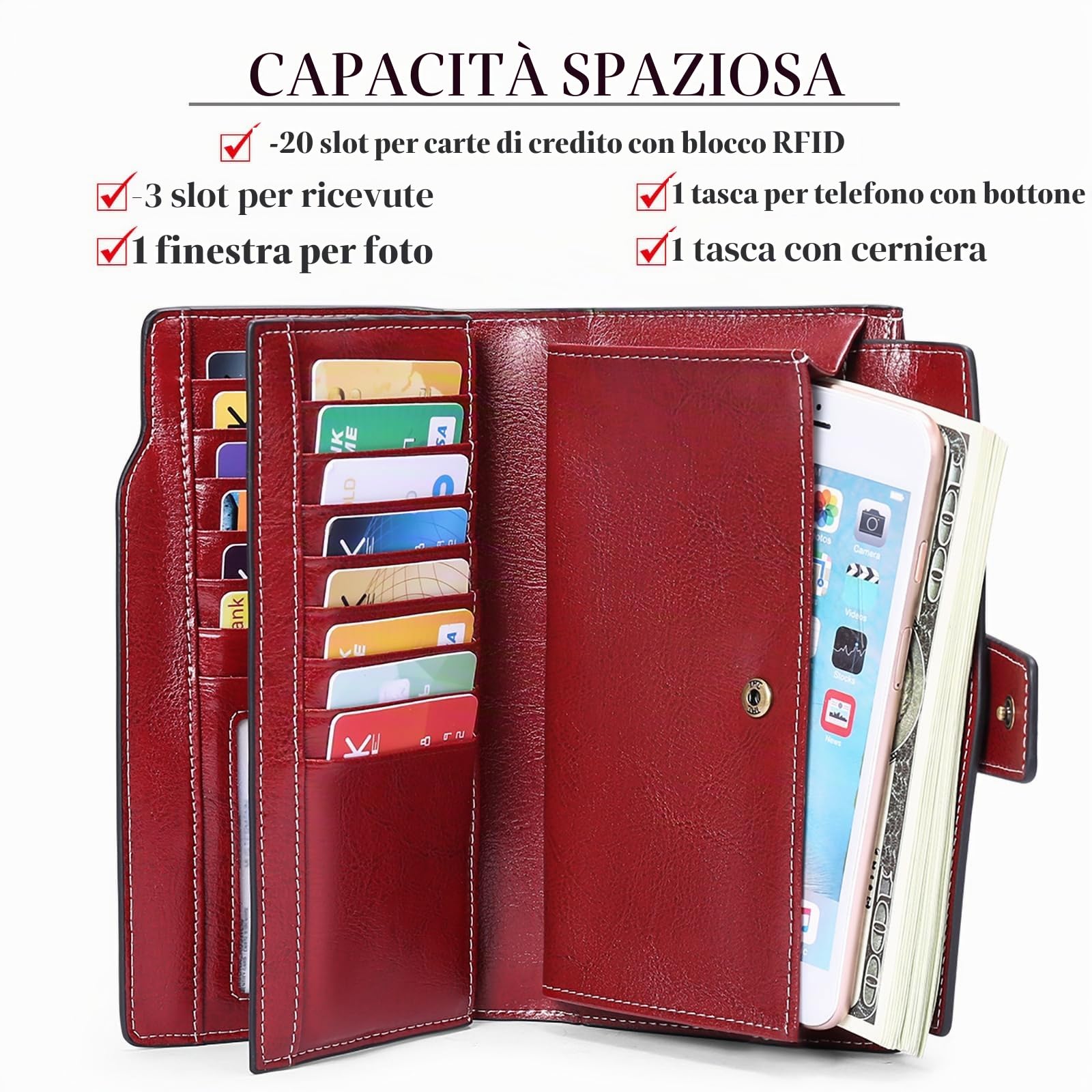 SENDEFN Portafoglio in pelle da donna, con protezione RFID e scomparti per carte di credito e scomparto per cellulare