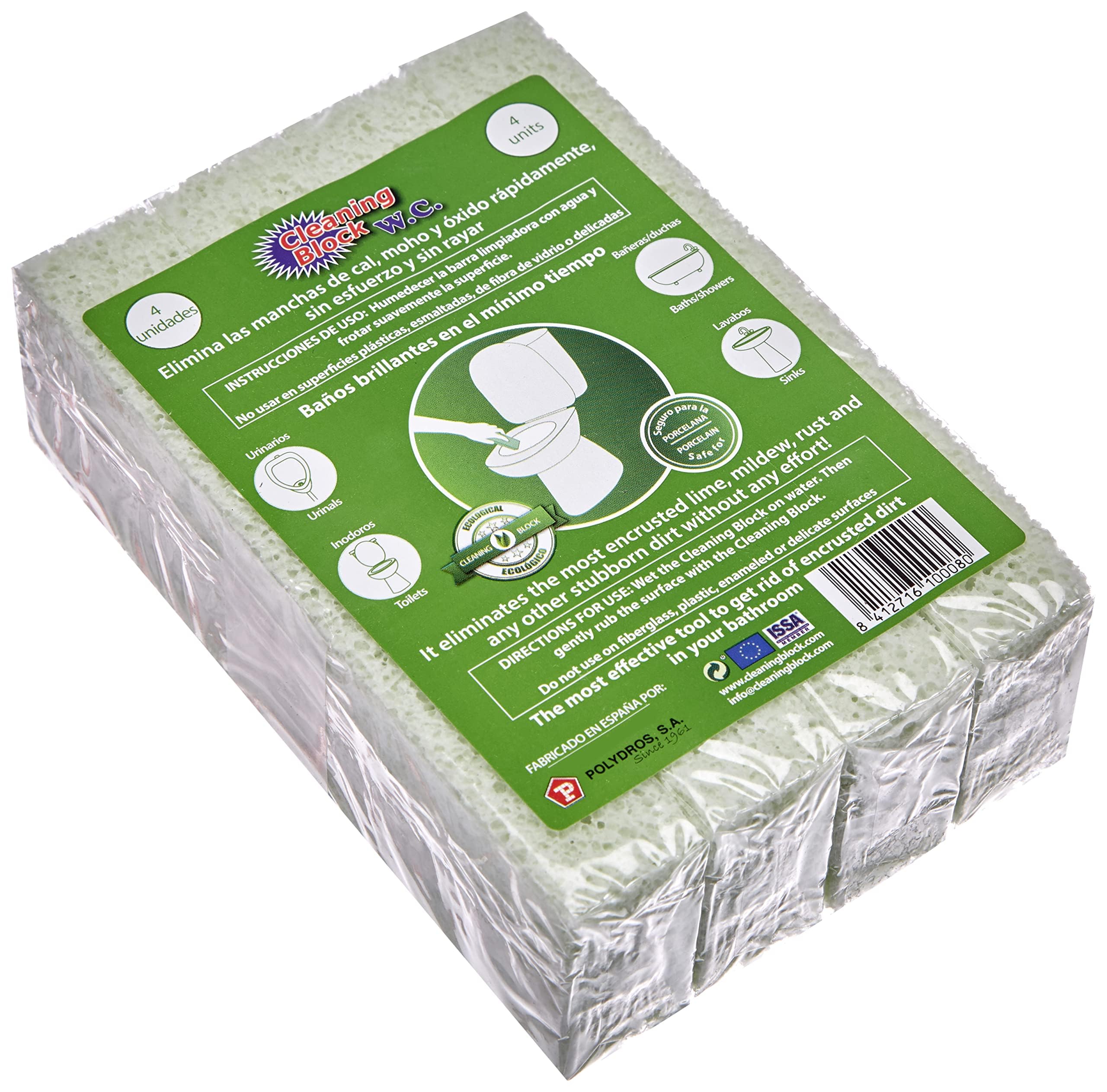 Cleaning Block WC - Removes the most encrusted limescale, hard water stains and dirt from your toilet, sinks, baths and any porcelain surface in the bathroom- 4-unit pack
