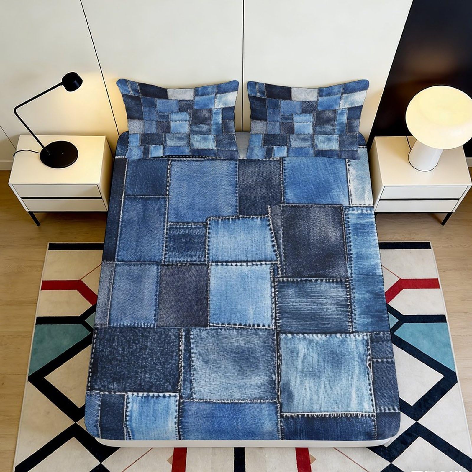 3D Printed Blue Denim Patchwork Fitted Sheet Microfiber Soft Breathable Abstract Squares Bed Cover for Bedroom Dorm Dormitory Mattress Protection 140x200x25cm