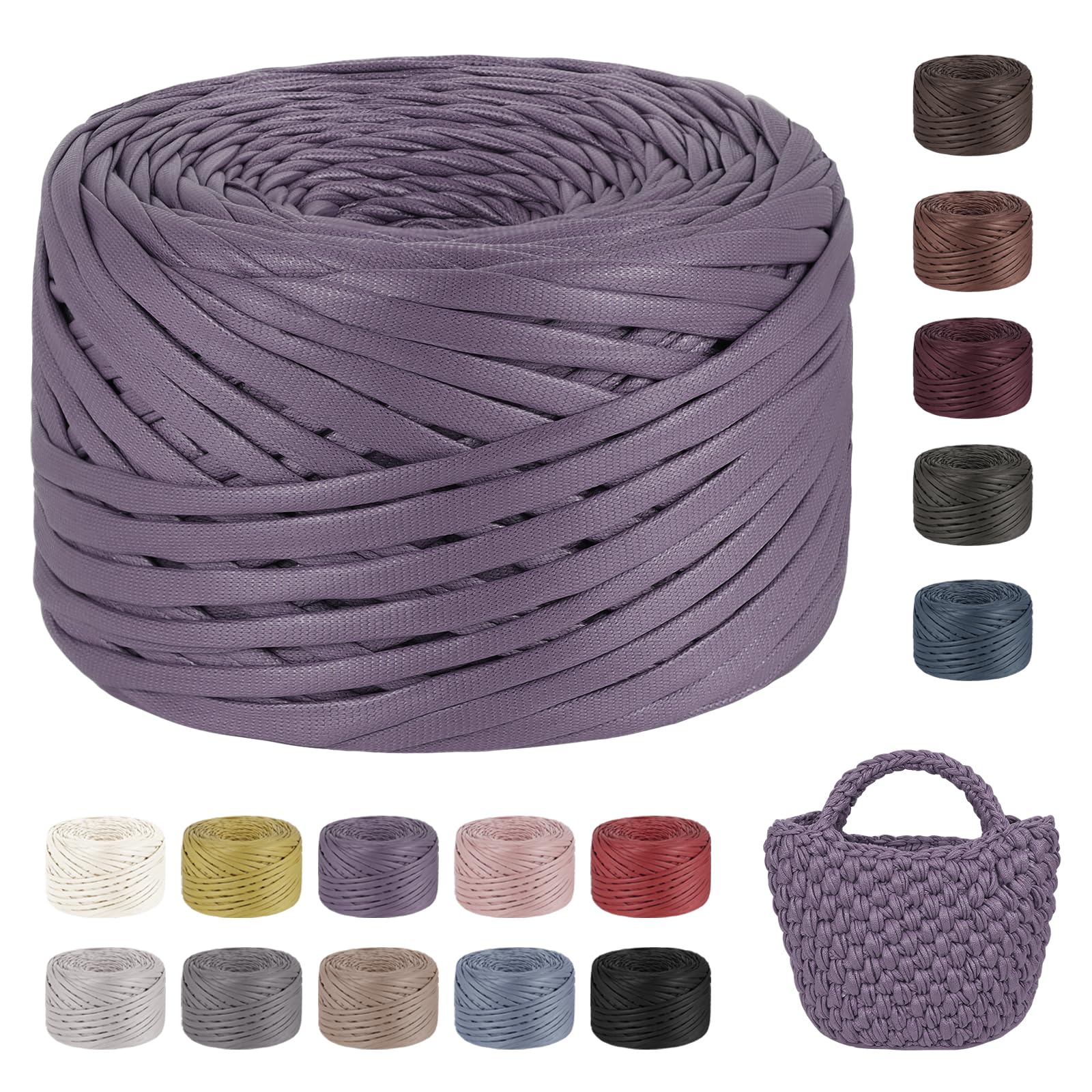 LEREATI Tshirt Yarn for Crocheting 200g/90m Single-Side Faux Leather Looking Fabric, Soft Polyester Cloth Ribbon T Shirt Yarn for Crocheting Baskets Bags Rugs Home Decor DIY Crafts (Purple)