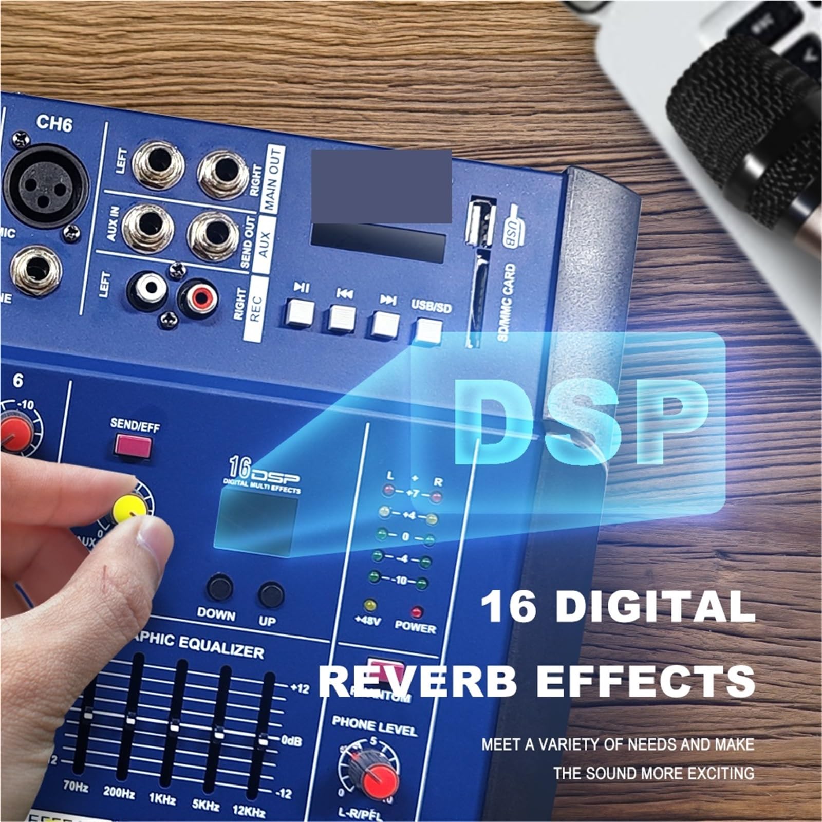 Kontroler DJ-ski, Profesjonalny 6-kanałowy mikser z bezprzewodowym systemem mikrofonowym, konsolą miksującą dźwięk, interfejsem USB 48 V
