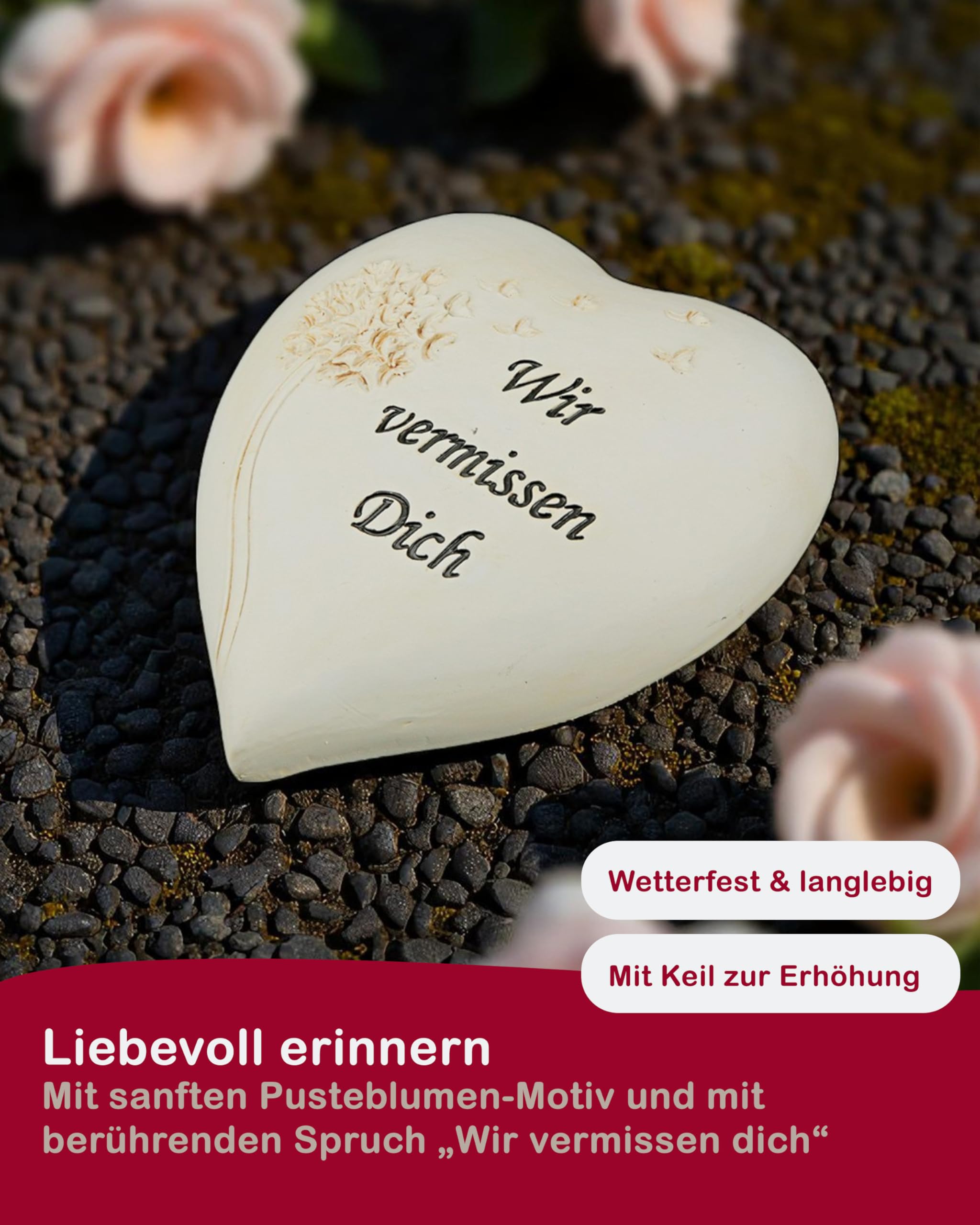CULT at home Herz Grabschmuck „Wir vermissen Dich“ – Grabdekoration Allerheiligen Steinherzen Grab Deko Grabstein – Pusteblume Gedenkstein fürs Grab Friedhof – aus Kunstharz 13 x 13 cm