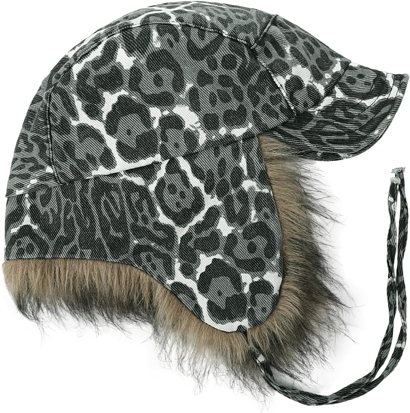 Winter Leopard Print Trapper Hat with Ear Flaps Plush Warm Lining Hunting Cap Outdoor Ski Snow Coldproof Hat