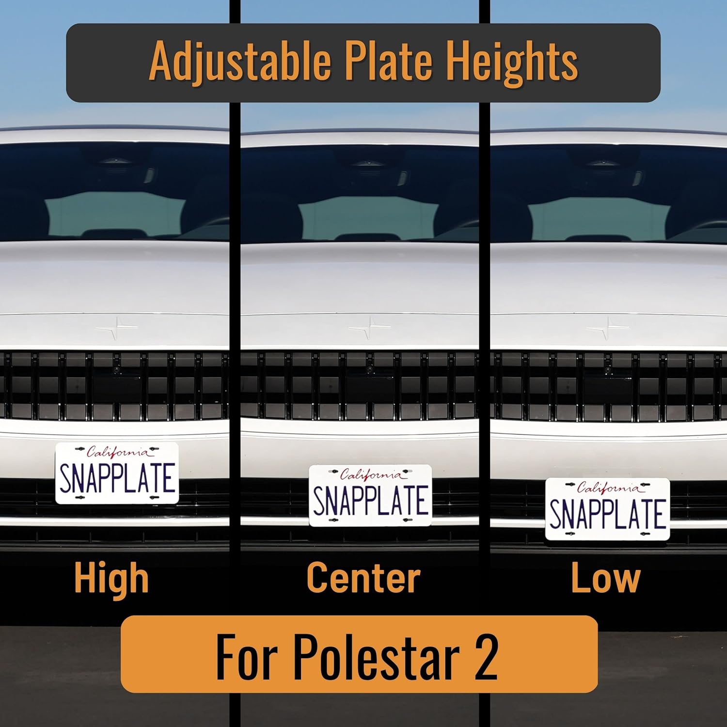 Polestar 2 (2020-2026) No-Drill Front License Plate Holder Mounting Kit, No Adhesives, Removable, Frame - Fast, Easy, Grille-Safe - SnapPlate® Made in USA