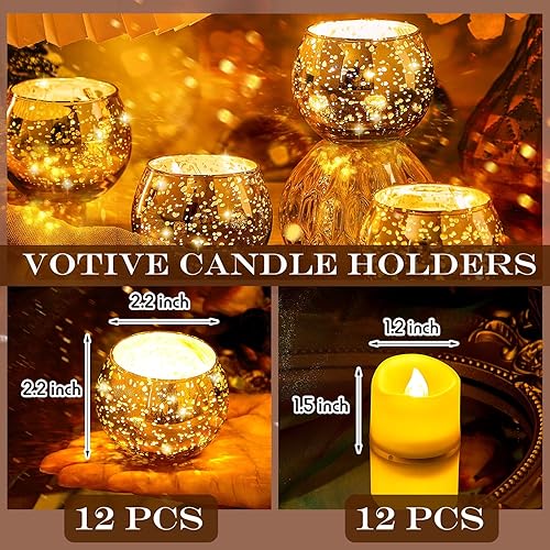 Miniatura 2 de Rtteri Juego de 12 portavelas votivas para centros de mesa de boda, decoración de mesa, candelabros votivos de vidrio de mercurio moteado con velas