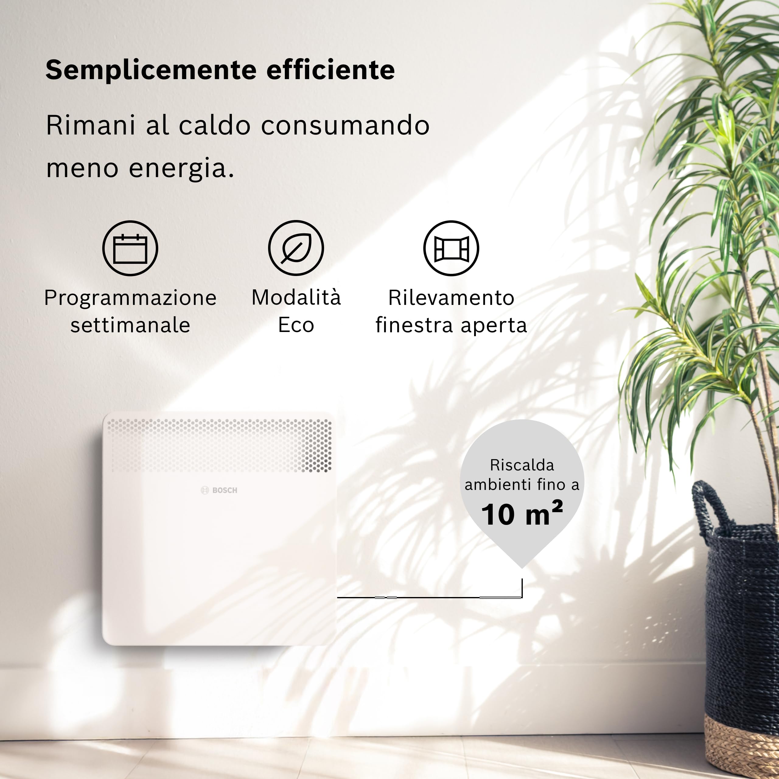 Bosch Heat Convector 4000-10 Convettore elettrico, 1000 W | Per Ambienti fino a 10 m², Riscaldamento Elettrico con Display LED, Programma Settimanale, Protezione Spruzzi d'Acqua