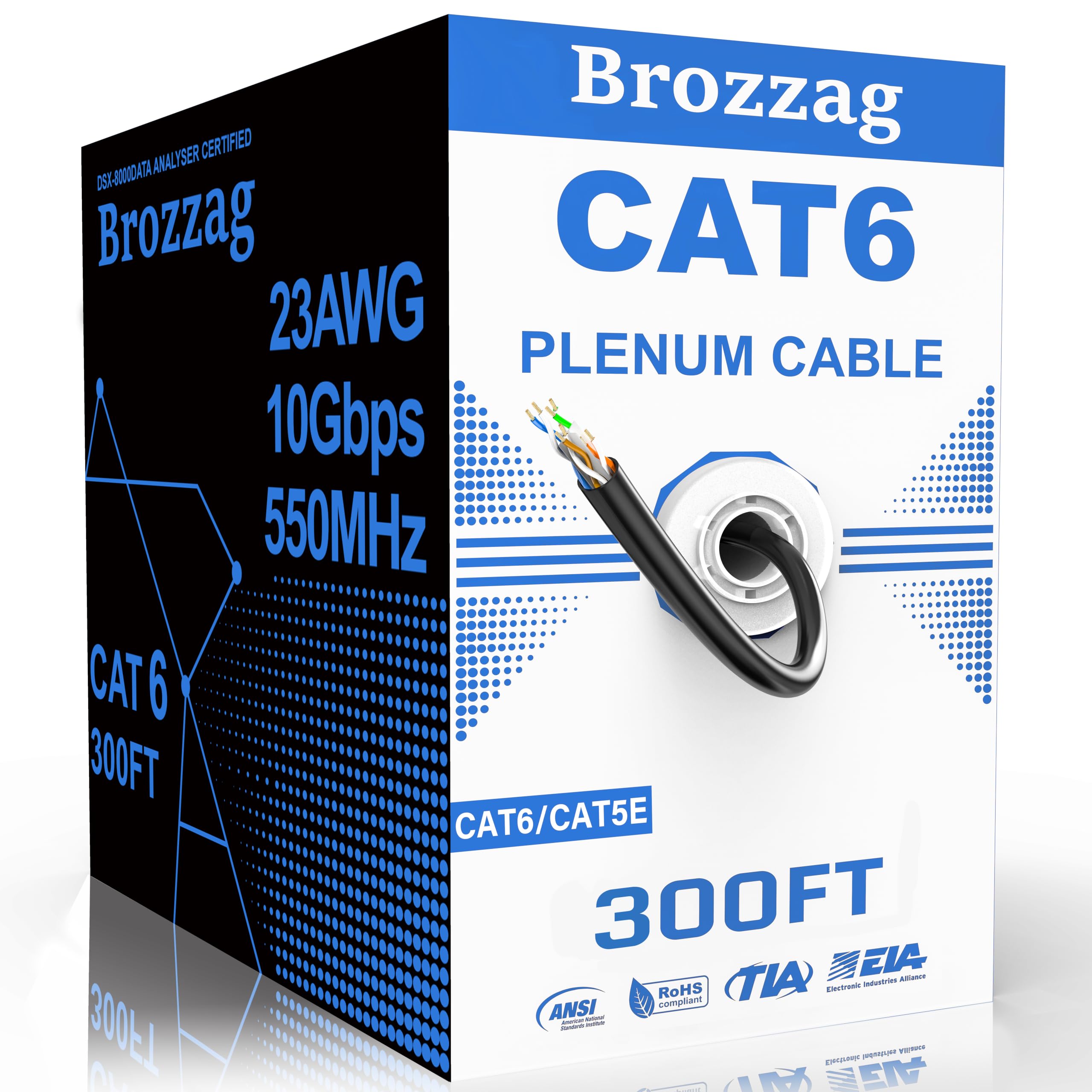 Cavo Plenum Cat6 da 91,4 m, 23 AWG, 550 MHz, 10 Gbps UTP, rivestimento ignifugo CMR, certificato DSX-8000, bobina facile da tirare senza grovigli, cavo LAN per casa, officina, cortile, nero
