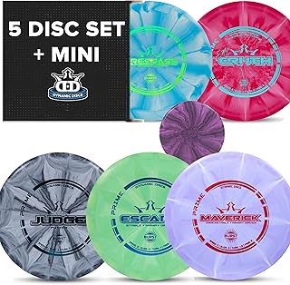 Dynamic Discs Prime Burst 5 Disc Golf Starter Kits for Men, Women, and Kids, Putter, Midrange, Driver, Bonus Mini Disc, Weight Ranges 170-176, Beginner Frisbee Golf Set