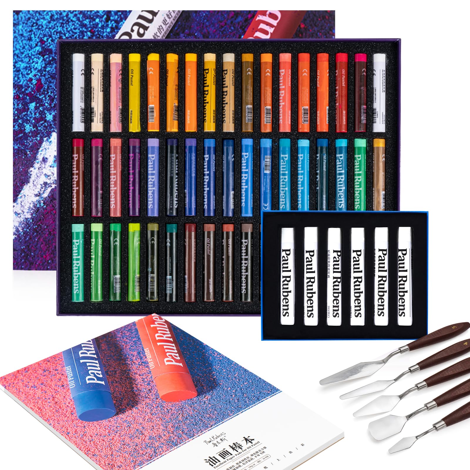 Paul Rubens Oil Pastels Set with 50 Colors Artist Soft Oil Pastels+6 Pcs White Oil Pastels+8.7 x 11.7 Inches Oil Pastel Book（30 Sheets）+5 Palette