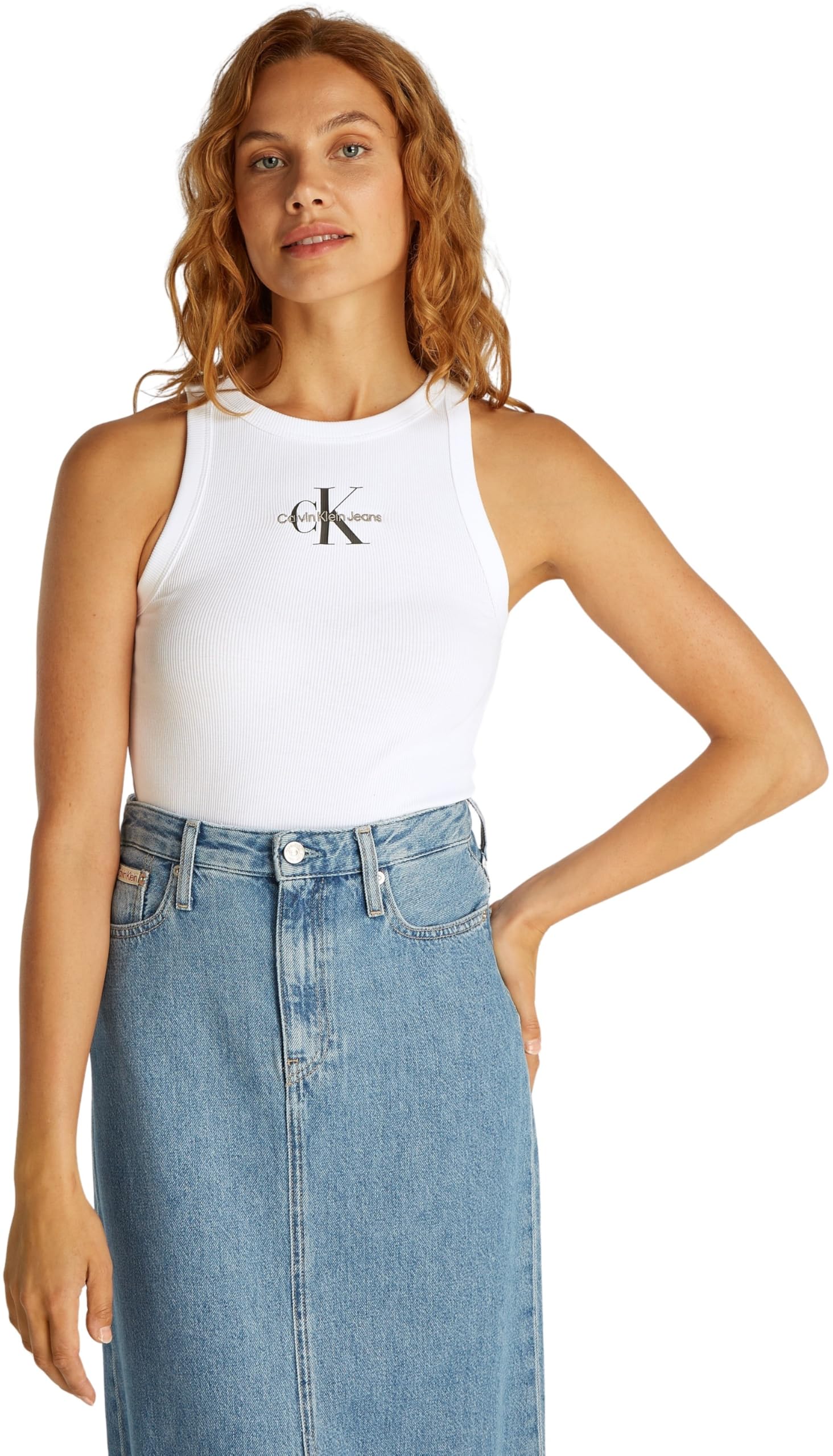 Calvin Klein Women’s Monologo Skinny Fit Rib Tank Top, White (Brilliant White), XS