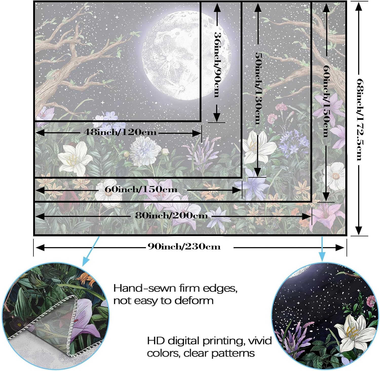 Neasow Aesthetic Moon Garden Tapestry Wall Hanging, Night Landscape with Colorful Plants Floral Tapestries for Bedroom Home Decor Multi Color 36×48 inch (90cm×120cm)