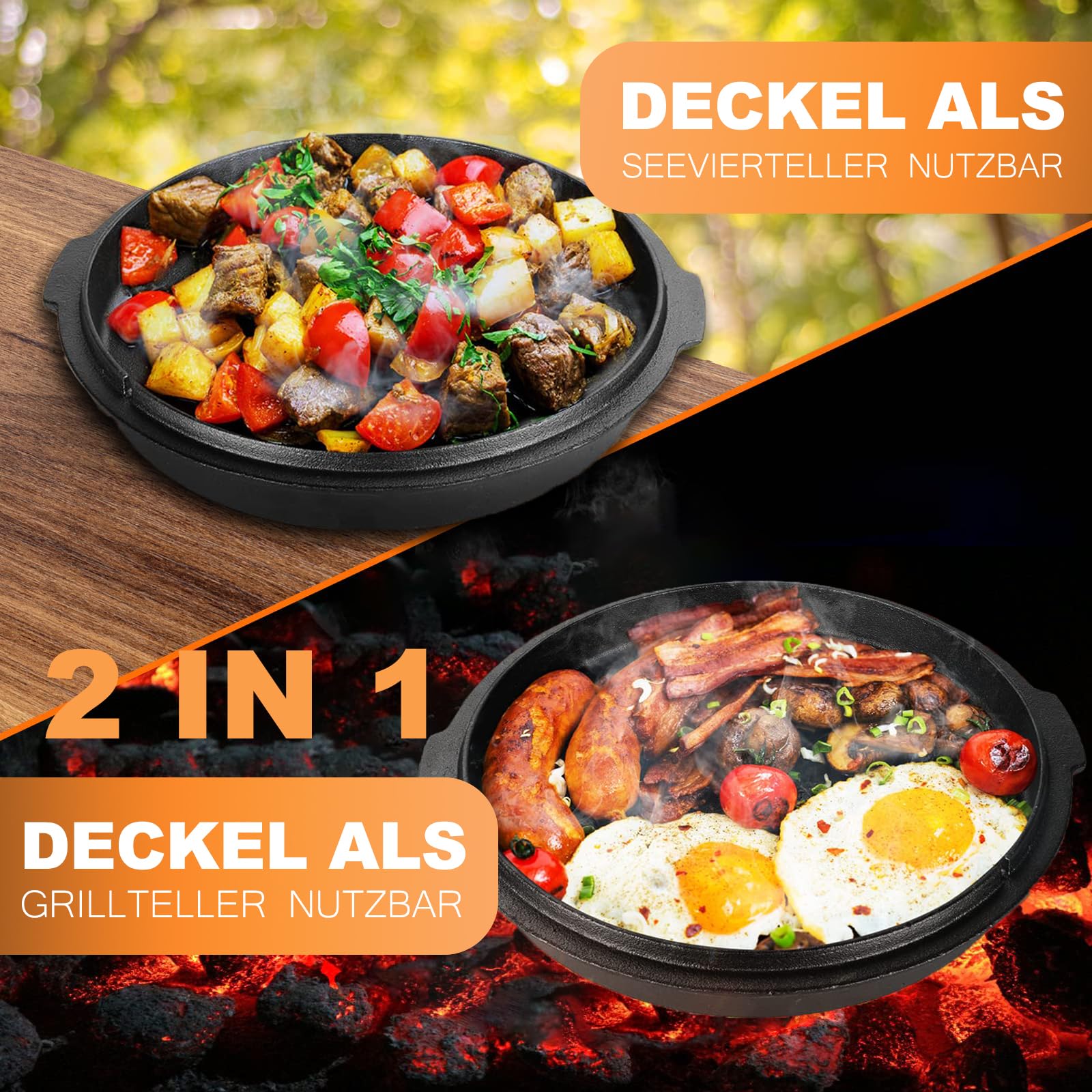 Dutch Oven, Dutch Oven Set 9 liter, Eingebrannter Feuertopf mit Deckelheber, 2in1 Gusseisen Topf mit Doppelfunktions-Deckel, Für Outdoor and Indoor, Schwarz