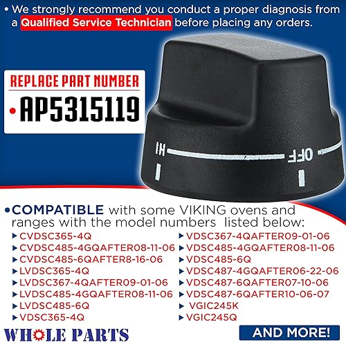 Miniatura 2 de Whole Parts Pomo de repuesto (negro) N.º de pieza PA010122 - Reemplazo y compatible con algunas parrillas Viking VGRC, IC, RT - Reemplaza AP5315119