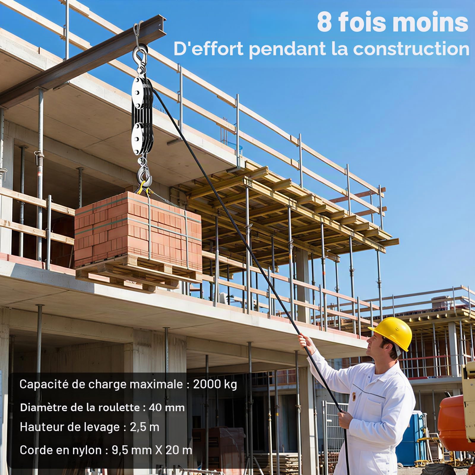 Palan à poulie pour Charge Lourde, 2000 kg Max. Câble Manuel 8:1, système de poulie avec 20 m de Nylon, jusqu'à 2,5 m de Hauteur, Rotatif à 270°, pour Chasse, garages, entrepôts