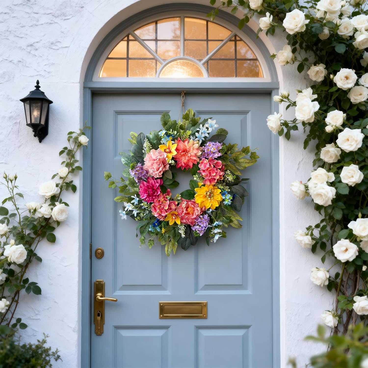 Spring Wreaths for Front Door, 24 Inch Spring Door Wreath with Yellow Dahlia,Pink Hydrangea Dahlia Peony Flower Wreath for All Season Outside Indoor Outdoor Home Porch Wall Decor