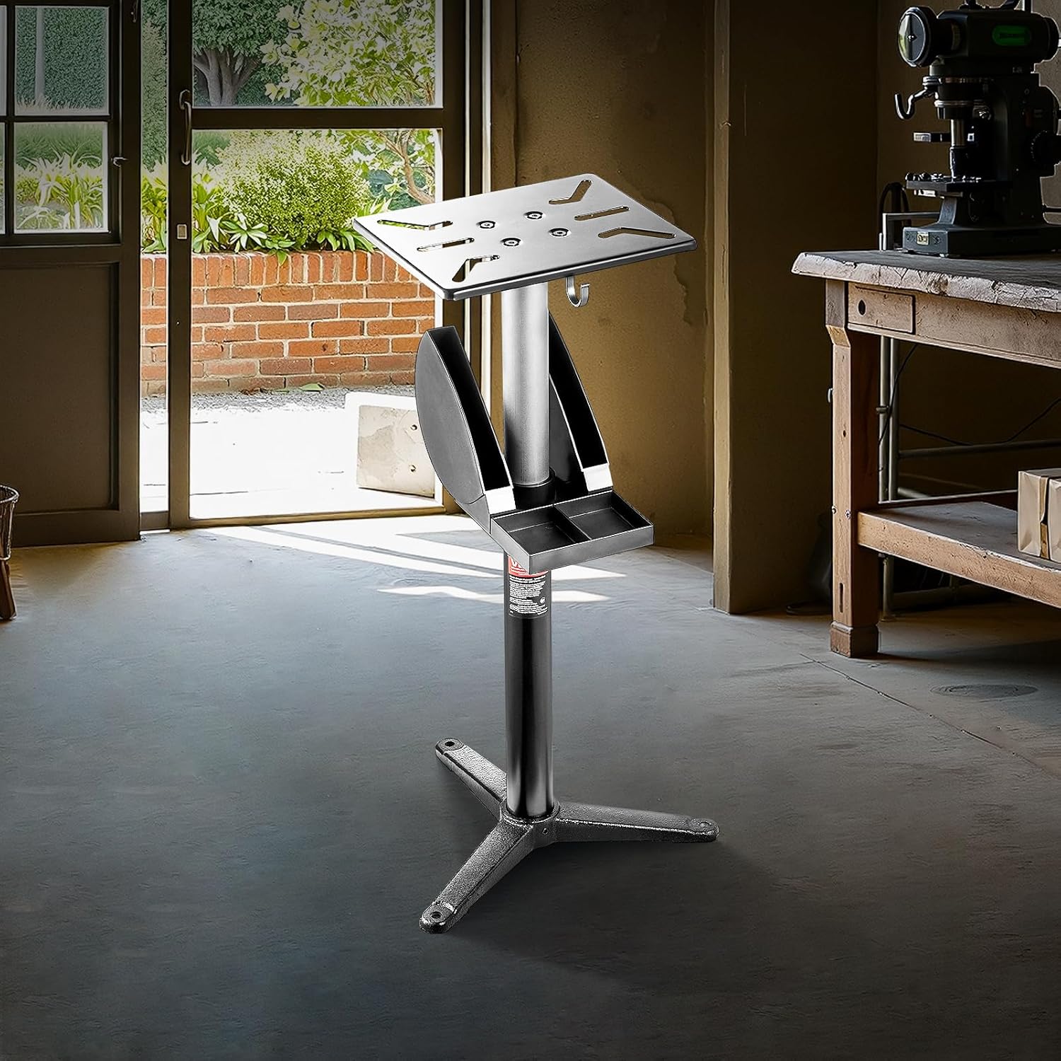 VEVOR Bench Grinder Stand, Bench Grinder Vise Floor Pedestal with 12" x 10" Mounting Plate, 5-Level Height Adjustable Pedestal Stand with Grinding Wheel Storage Compartment & Heavy-Duty Cast Iron Base