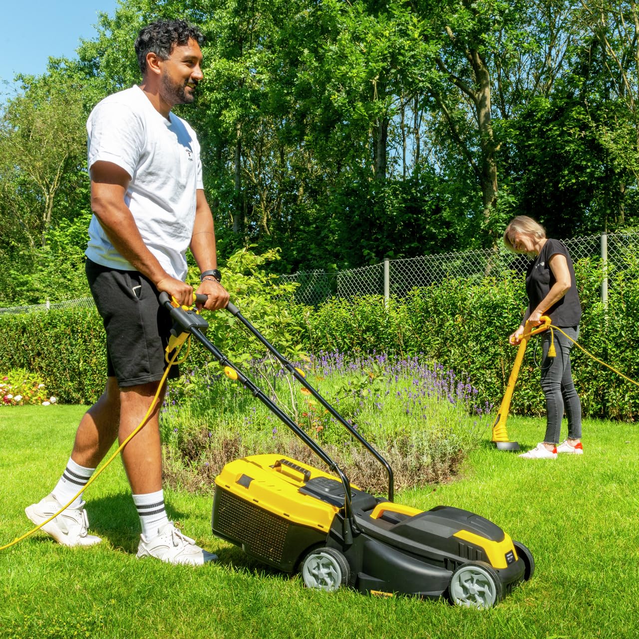 Powerplus Cortacésped Eléctrico y Recortabordes POWXG62205T – Cortacésped de 1300W con Ø320 mm y Recortabordes de 250W con Ø220 mm, Herramienta de Jardín
