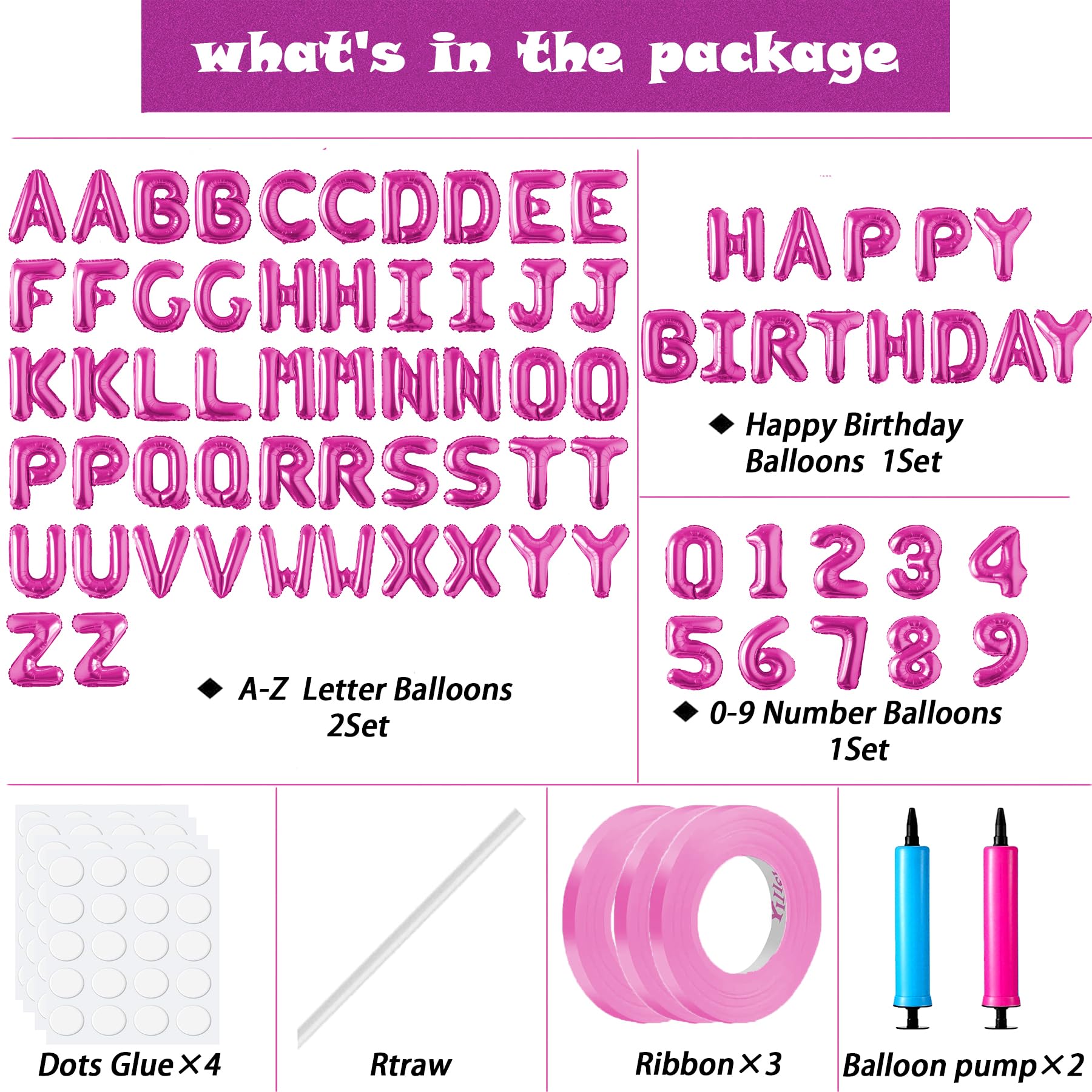 Happy Birthday Balloon Banner Custom Phrase Balloons letter 16 inch Personalized Alphabet Letters Foil Mylar Balloons (Hot pink)