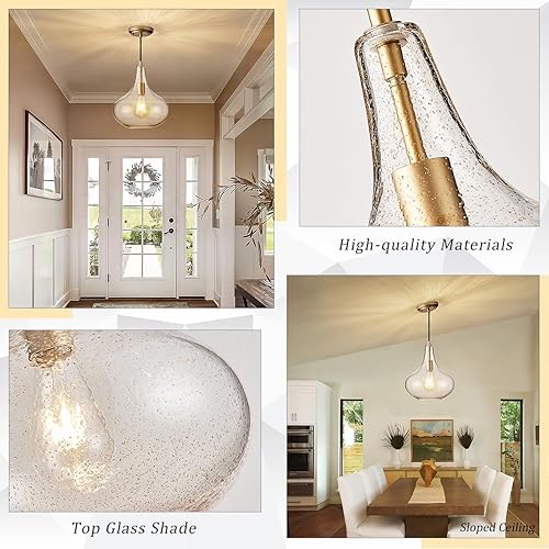 Miniatura 7 de Lámpara colgante hecha a mano de 11 pulgadas de latón moderno de mediados de siglo con pantalla de vidrio semillado, elegante lámpara colgante de