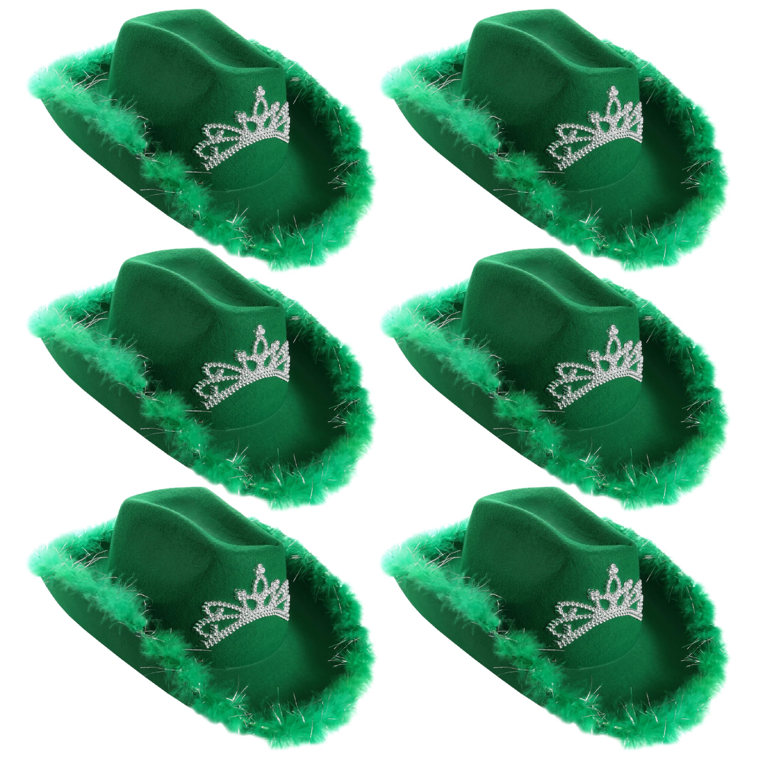 Green Tiara Cowgirl Hats - Pack of 6 - Green Cowgirl Hat with Tiara Decoration and Marabou Trim - Adults Festival Music Fancy Dress Accessory