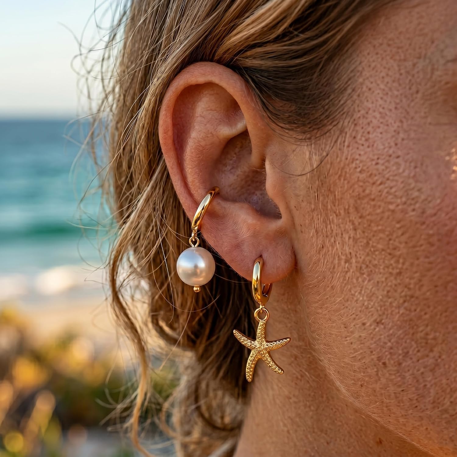 4 Pairs Huggie Hoop Beachy Earrings Set for Women, 14K Gold Plated Ocean Elements Hoop Dangle Drop Earring - Shell/Starfish/Conch/Pearl Earrings- Trendy Summer Beach Jewelry Gift