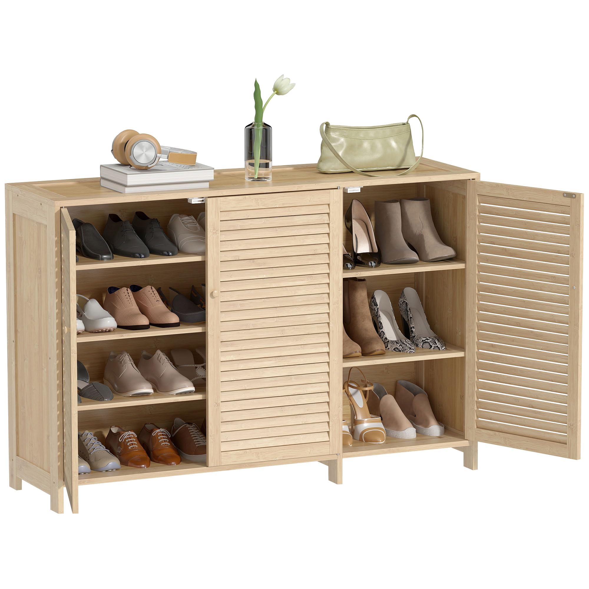 HOMCOM Bamboo Shoe Cabinet with Louvered Doors, Shoe Storage Cabinet with Adjustable Shelves, 18 Pairs Footwear Cupboard for Hallway, Entryway, 120 x 35 x 80 cm, Natural Wood Finish