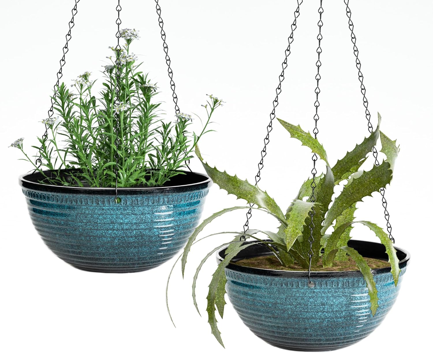 Vanslogreen 12 Inch Blue Hanging Planters, 2 Pack - Large Glazed Flower Pots with Drainage Holes, Chain for Indoor Outdoor Plants