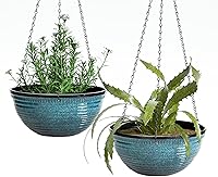 Vanslogreen 12 Inch Blue Hanging Planters, 2 Pack - Large Glazed Flower Pots with Drainage Holes, Chain for Indoor Outdoor Plants