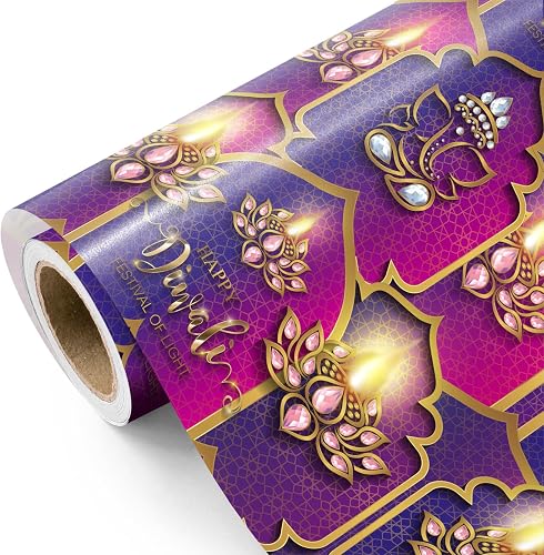WRAPAHOLIC Diwali Wrapping Paper Roll - Mini Roll - 17 Inch x 16.5 Feet - Diyas 